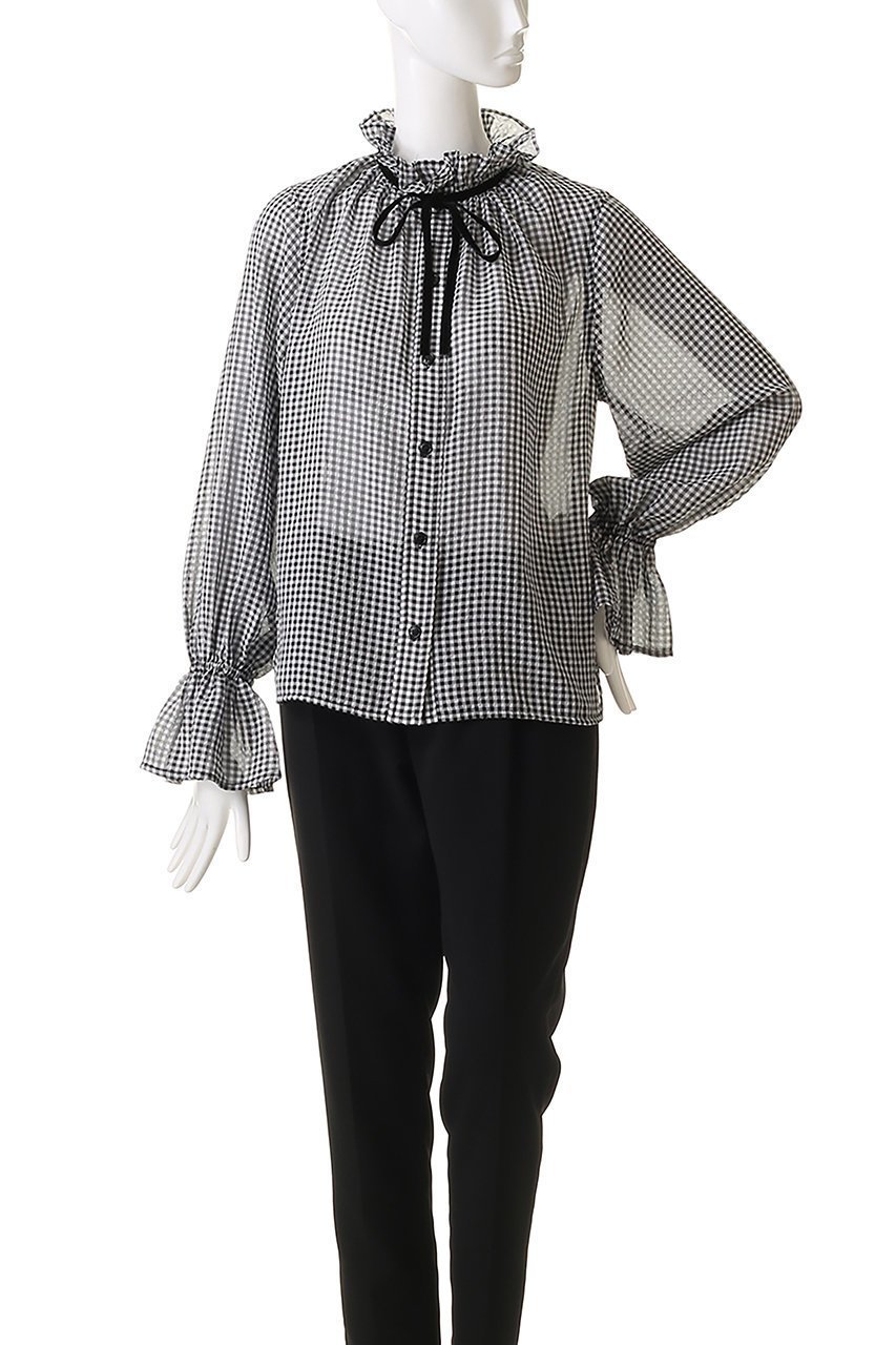 【ガニー/GANNI】のSheer Fluid Check Tie String シャツ 人気、トレンドファッション・服の通販 founy(ファニー) 　ファッション　Fashion　レディースファッション　Fashion for Women　トップス・カットソー　Cut & Sew Tops　シャツ・ブラウス・オフィスカジュアル　Elegant Blouses & Button-Ups　スリーブ　Sleeve, Long Sleeve / Short Sleeve　デニム　Denim, Jeans Material　フェミニン　Feminine, Girly　フリル　Frill, Ruffle　フレア　Flare, Flared　リボン　Ribbon, Bow　ロング　Long, Long-Length　other-2|ID: prp329100004369479 ipo3291000000032869069
