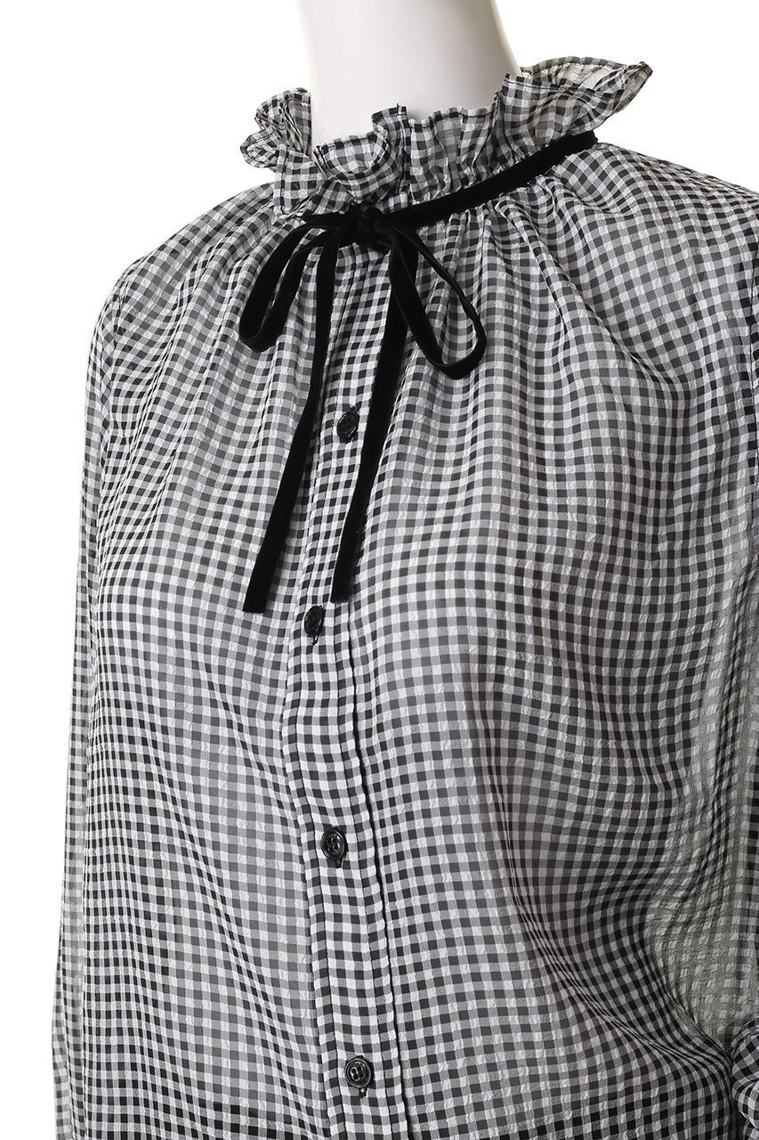 【ガニー/GANNI】のSheer Fluid Check Tie String シャツ 人気、トレンドファッション・服の通販 founy(ファニー) 　ファッション　Fashion　レディースファッション　Fashion for Women　トップス・カットソー　Cut & Sew Tops　シャツ・ブラウス・オフィスカジュアル　Elegant Blouses & Button-Ups　スリーブ　Sleeve, Long Sleeve / Short Sleeve　デニム　Denim, Jeans Material　フェミニン　Feminine, Girly　フリル　Frill, Ruffle　フレア　Flare, Flared　リボン　Ribbon, Bow　ロング　Long, Long-Length　other-5|ID: prp329100004369479 ipo3291000000032869086