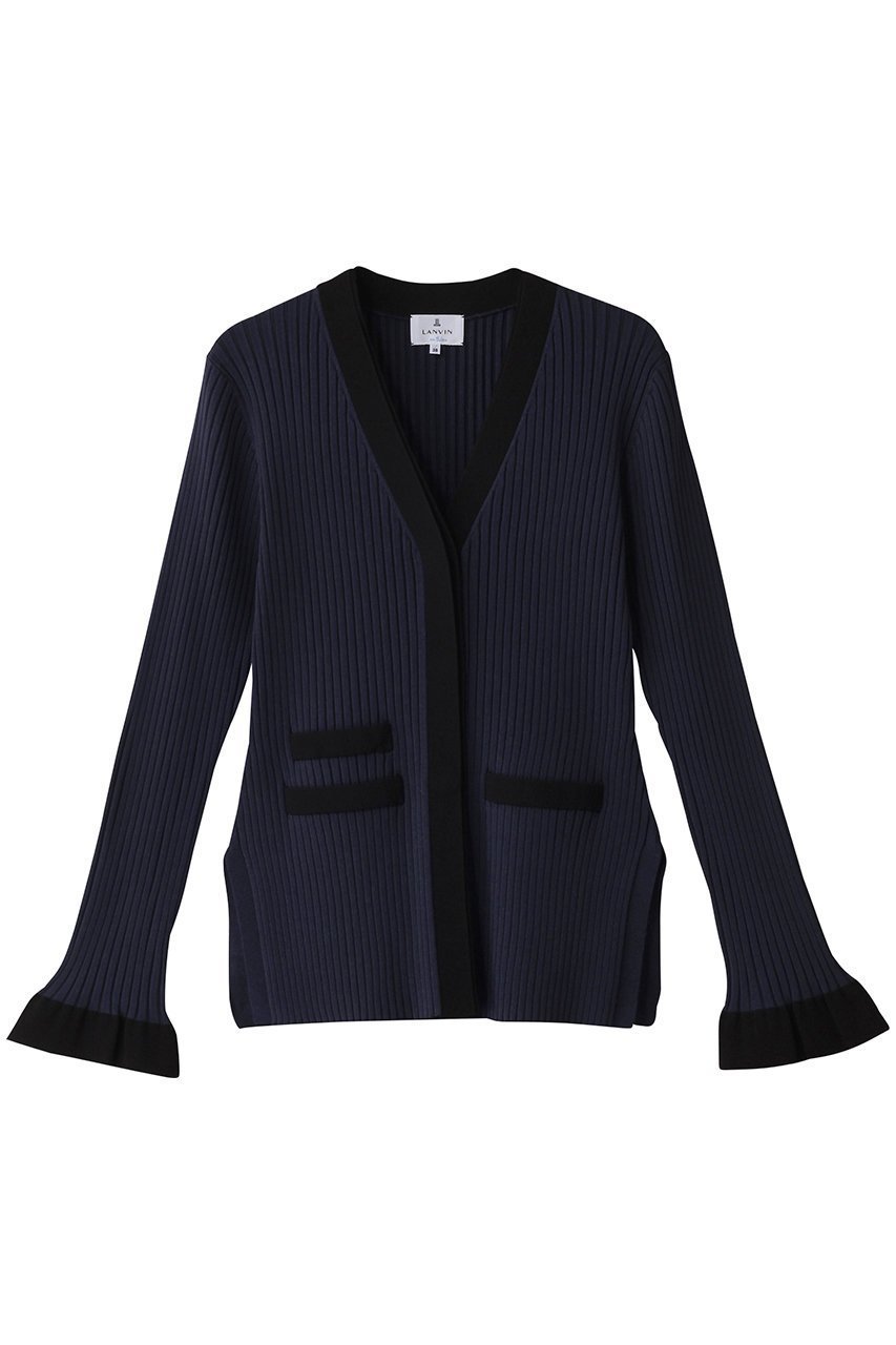 【ランバン オン ブルー/LANVIN en Bleu】のバイカラーVネックリブカーディガン インテリア・キッズ・メンズ・レディースファッション・服の通販 founy(ファニー) 　ファッション　Fashion　レディースファッション　Fashion for Women　トップス・カットソー　Cut & Sew Tops　ニット　Knit Tops & Sweaters　カーディガン・羽織り　Layered Style Cardigans　Vネックトップス　V-Neck Tops / V-Cut Neckline Shirts　おすすめ　Recommended / Our Picks　アシンメトリー　Asymmetrical Style　カーディガン　Cardigan, Knitwear　スリット　Slit, Slit Detail　セットアップ　Set-Up, Coordinated Outfit　ノースリーブ　Sleeveless, No-Sleeve　フレア　Flare, Flared　エレガント 上品　Elegant　ネイビー|ID: prp329100004369515 ipo3291000000032951557