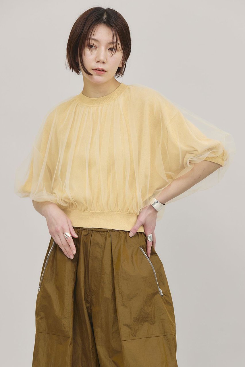 【カレンソロジー/Curensology】のチュールニットプルオーバー 人気、トレンドファッション・服の通販 founy(ファニー) 　ファッション　Fashion　レディースファッション　WOMEN　トップス・カットソー　Tops/Tshirt　ニット　Knit Tops　プルオーバー　Pullover　ギャザー　Gather　サマー　Summer　チュール　Tulle　ドッキング　Docking　other-2|ID: prp329100004369587 ipo3291000000031338053
