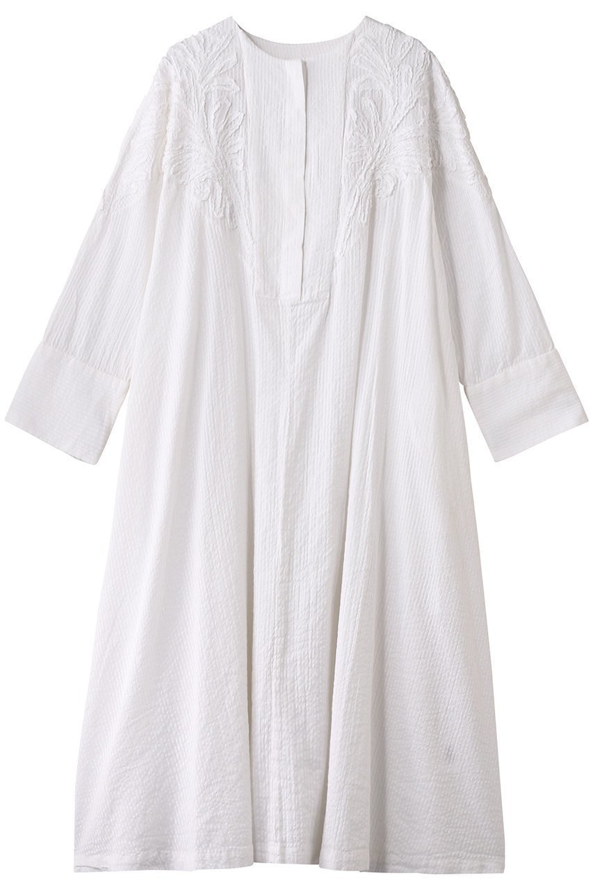 【ハウス オブ ロータス/HOUSE OF LOTUS】のエンブロイダリーサッカーワンピース インテリア・キッズ・メンズ・レディースファッション・服の通販 founy(ファニー) 　ファッション　Fashion　レディースファッション　Fashion for Women　ワンピース　Dresses　チュニック　Tunic Tops & Dresses　サッカー　Seersucker, Summer Fabric　シアー　Sheer, See-Through　チュニック　Tunic, Long Top　フレア　Flare, Flared　フロント　Front, Front Design　ボタニカル　Botanical, Floral Pattern　ロング　Long, Long-Length　人気　Popular, Best Seller　夏　Summer　ホワイト|ID: prp329100004380597 ipo3291000000032870650