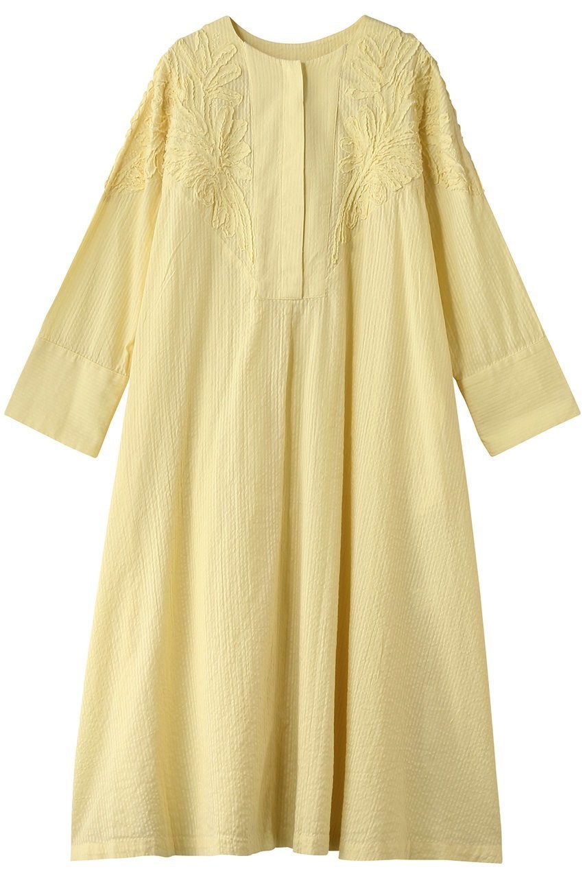 【ハウス オブ ロータス/HOUSE OF LOTUS】のエンブロイダリーサッカーワンピース インテリア・キッズ・メンズ・レディースファッション・服の通販 founy(ファニー) 　ファッション　Fashion　レディースファッション　Fashion for Women　ワンピース　Dresses　チュニック　Tunic Tops & Dresses　サッカー　Seersucker, Summer Fabric　シアー　Sheer, See-Through　チュニック　Tunic, Long Top　フレア　Flare, Flared　フロント　Front, Front Design　ボタニカル　Botanical, Floral Pattern　ロング　Long, Long-Length　人気　Popular, Best Seller　夏　Summer　ライトイエロー|ID: prp329100004380597 ipo3291000000032870655