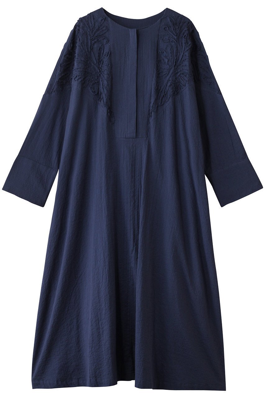 【ハウス オブ ロータス/HOUSE OF LOTUS】のエンブロイダリーサッカーワンピース インテリア・キッズ・メンズ・レディースファッション・服の通販 founy(ファニー) 　ファッション　Fashion　レディースファッション　Fashion for Women　ワンピース　Dresses　チュニック　Tunic Tops & Dresses　サッカー　Seersucker, Summer Fabric　シアー　Sheer, See-Through　チュニック　Tunic, Long Top　フレア　Flare, Flared　フロント　Front, Front Design　ボタニカル　Botanical, Floral Pattern　ロング　Long, Long-Length　人気　Popular, Best Seller　夏　Summer　ネイビー|ID: prp329100004380597 ipo3291000000032870660