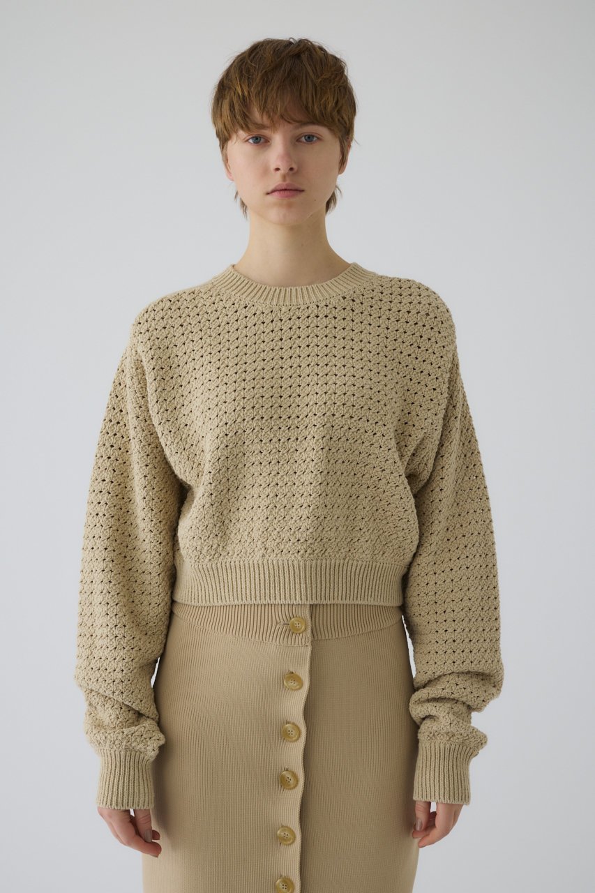 【リムアーク/RIM.ARK】のPattern knitting cotton knit/ニット インテリア・キッズ・メンズ・レディースファッション・服の通販 founy(ファニー) 　ファッション　Fashion　レディースファッション　WOMEN　トップス・カットソー　Tops/Tshirt　ニット　Knit Tops　プルオーバー　Pullover　おすすめ　Recommend　ショート　Short　バランス　Balance　春　Spring　ベージュ|ID: prp329100004380617 ipo3291000000032377309