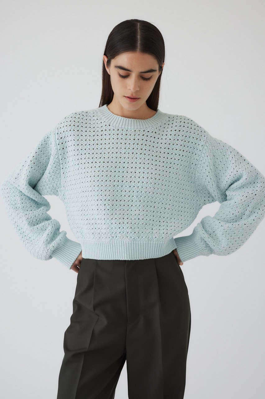 【リムアーク/RIM.ARK】のPattern knitting cotton knit/ニット インテリア・キッズ・メンズ・レディースファッション・服の通販 founy(ファニー) 　ファッション　Fashion　レディースファッション　Fashion for Women　トップス・カットソー　Cut & Sew Tops　ニット　Knit Tops & Sweaters　カジュアルプルオーバー・ニットトップス　Pullovers & Knit Tops / Casual Pullovers　おすすめ　Recommended / Our Picks　ショート　Short, Short Length　バランス　Balance, Style Balance　春　Spring　ライトブルー|ID: prp329100004380617 ipo3291000000034970124