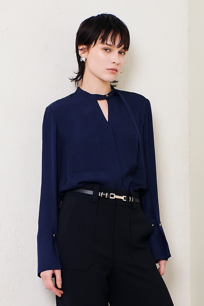 【アルアバイル/allureville】のフリュイドオーバーラップブラウス 人気、トレンドファッション・服の通販 founy(ファニー) 　ファッション　Fashion　レディースファッション　Fashion for Women　トップス・カットソー　Cut & Sew Tops　シャツ・ブラウス・オフィスカジュアル　Elegant Blouses & Button-Ups　アシンメトリー　Asymmetrical Style　スタンド　Stand Collar, Upright Stand　スリーブ　Sleeve, Long Sleeve / Short Sleeve　ドレープ　Drape, Draping Fabric　ファブリック　Fabric, Textile　リボン　Ribbon, Bow　ロング　Long, Long-Length　other-8|ID: prp329100004381526 ipo3291000000032865969