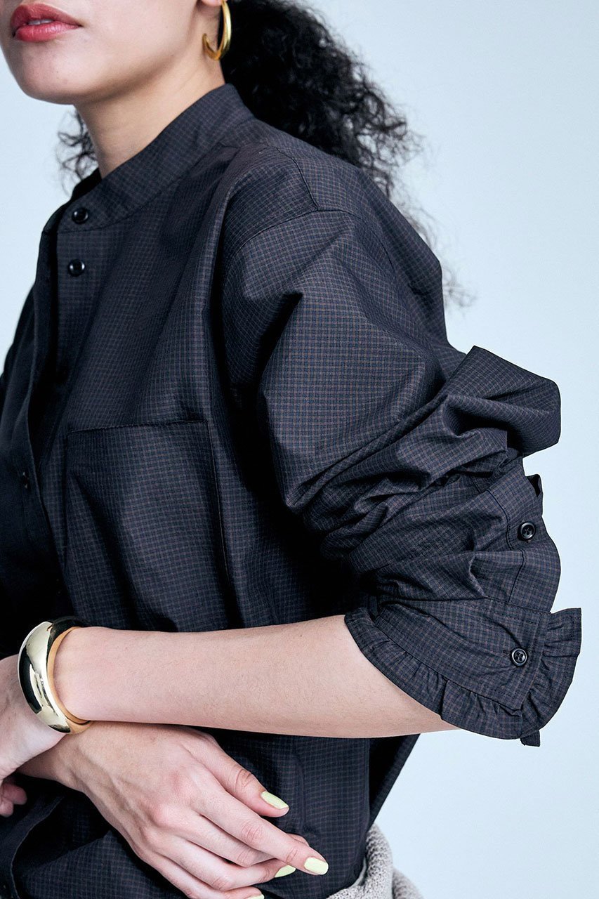 【ブリル/BRILL】のミニフリルチェックバンドカラーシャツ 人気、トレンドファッション・服の通販 founy(ファニー) 　ファッション　Fashion　レディースファッション　WOMEN　トップス・カットソー　Tops/Tshirt　シャツ/ブラウス　Shirts/Blouses　カフス　Cuffs　スリーブ　Sleeve　タイプライター　Typewriter　チェック　Check　フリル　Frills　ロング　Long　other-5|ID: prp329100004385037 ipo3291000000031332929