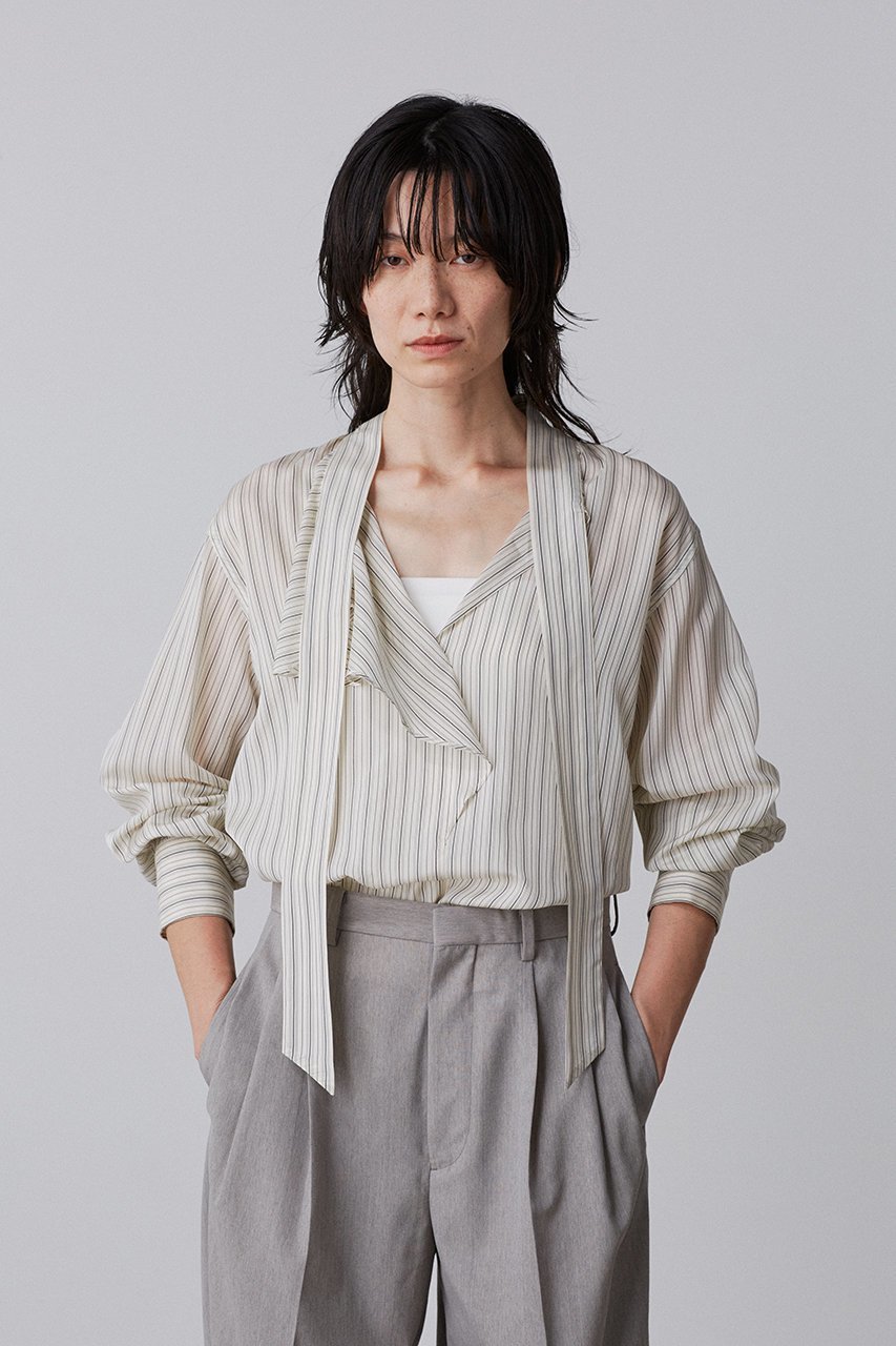 【イレーヴ/YLEVE】のACETATE CUPRA ストライプ ラッフルブラウス 人気、トレンドファッション・服の通販 founy(ファニー) 　ファッション　Fashion　レディースファッション　Fashion for Women　トップス・カットソー　Cut & Sew Tops　シャツ・ブラウス・オフィスカジュアル　Elegant Blouses & Button-Ups　ストライプ　Stripe, Striped Pattern　スリーブ　Sleeve, Long Sleeve / Short Sleeve　フェミニン　Feminine, Girly　フロント　Front, Front Design　ロング　Long, Long-Length　other-6|ID: prp329100004390280 ipo3291000000032861689