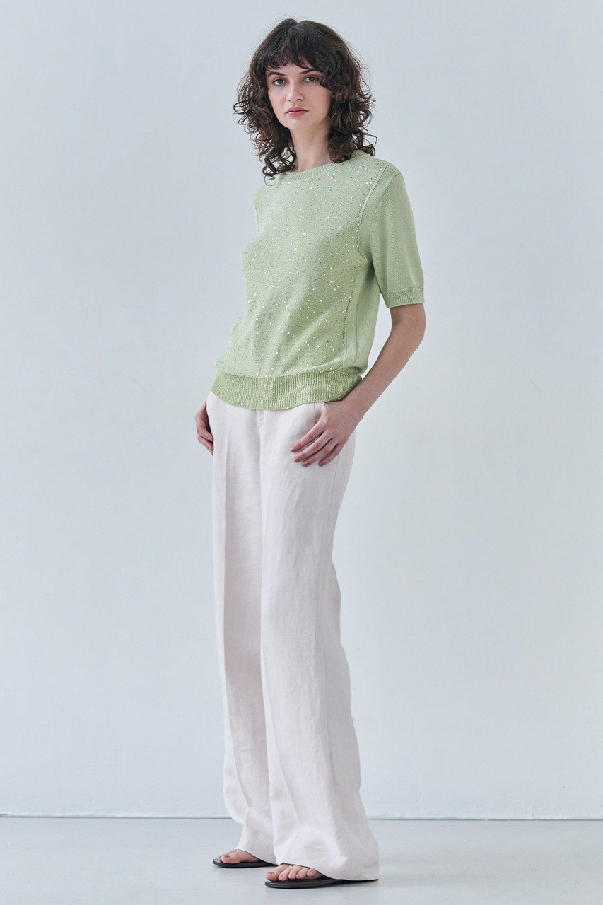 【ベイジ,/BEIGE,】のFENNNEL(フェンネル)/コットンスパンコール半袖ニット 人気、トレンドファッション・服の通販 founy(ファニー) 　ファッション　Fashion　レディースファッション　Fashion for Women　トップス・カットソー　Cut & Sew Tops　ニット　Knit Tops & Sweaters　カジュアルプルオーバー・ニットトップス　Pullovers & Knit Tops / Casual Pullovers　エレガント 上品　Elegant　シンプル　Simple, Minimal　スパンコール　Sequins, Sequin Embellishment　デニム　Denim, Jeans Material　フェミニン　Feminine, Girly　フロント　Front, Front Design　半袖　Short Sleeve, Half Sleeve　other-6|ID: prp329100004390393 ipo3291000000032948000