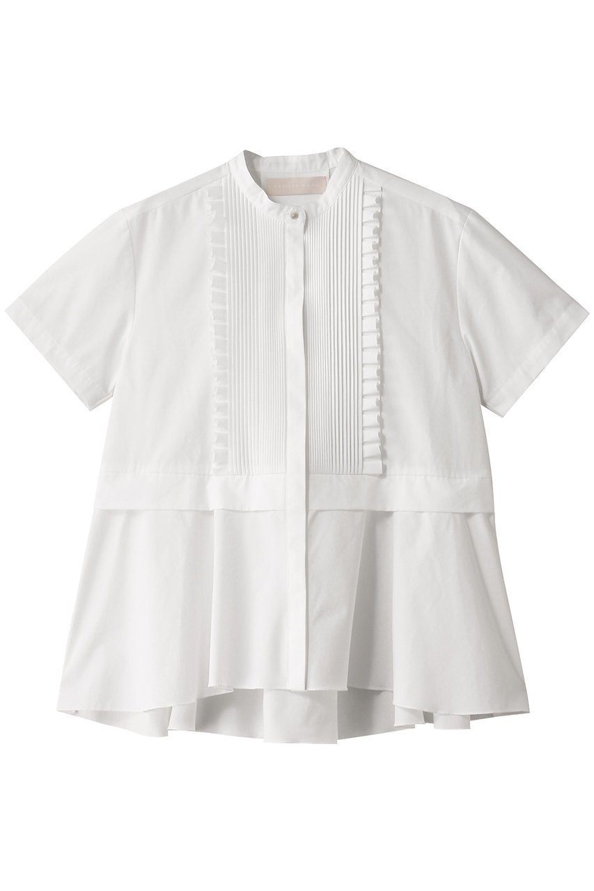 【マリリンムーン/MARILYN MOON】のタックフリルフレアハーフスリーブシャツ 人気、トレンドファッション・服の通販 founy(ファニー) 　ファッション　Fashion　レディースファッション　Fashion for Women　トップス・カットソー　Cut & Sew Tops　シャツ・ブラウス・オフィスカジュアル　Elegant Blouses & Button-Ups　ショート　Short, Short Length　スリーブ　Sleeve, Long Sleeve / Short Sleeve　デニム　Denim, Jeans Material　バランス　Balance, Style Balance　フリル　Frill, Ruffle　ワイド　Wide, Wide Fit　人気　Popular, Best Seller　半袖　Short Sleeve, Half Sleeve　 other-1|ID: prp329100004406023 ipo3291000000035559333