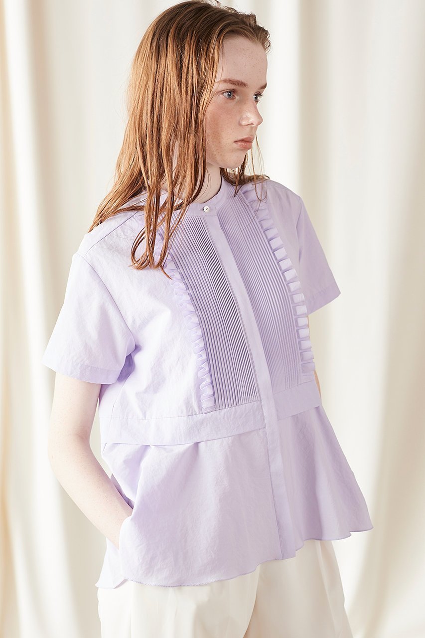 【マリリンムーン/MARILYN MOON】のタックフリルフレアハーフスリーブシャツ 人気、トレンドファッション・服の通販 founy(ファニー) 　ファッション　Fashion　レディースファッション　Fashion for Women　トップス・カットソー　Cut & Sew Tops　シャツ・ブラウス・オフィスカジュアル　Elegant Blouses & Button-Ups　ショート　Short, Short Length　スリーブ　Sleeve, Long Sleeve / Short Sleeve　デニム　Denim, Jeans Material　バランス　Balance, Style Balance　フリル　Frill, Ruffle　ワイド　Wide, Wide Fit　人気　Popular, Best Seller　半袖　Short Sleeve, Half Sleeve　other-6|ID: prp329100004406023 ipo3291000000035559346