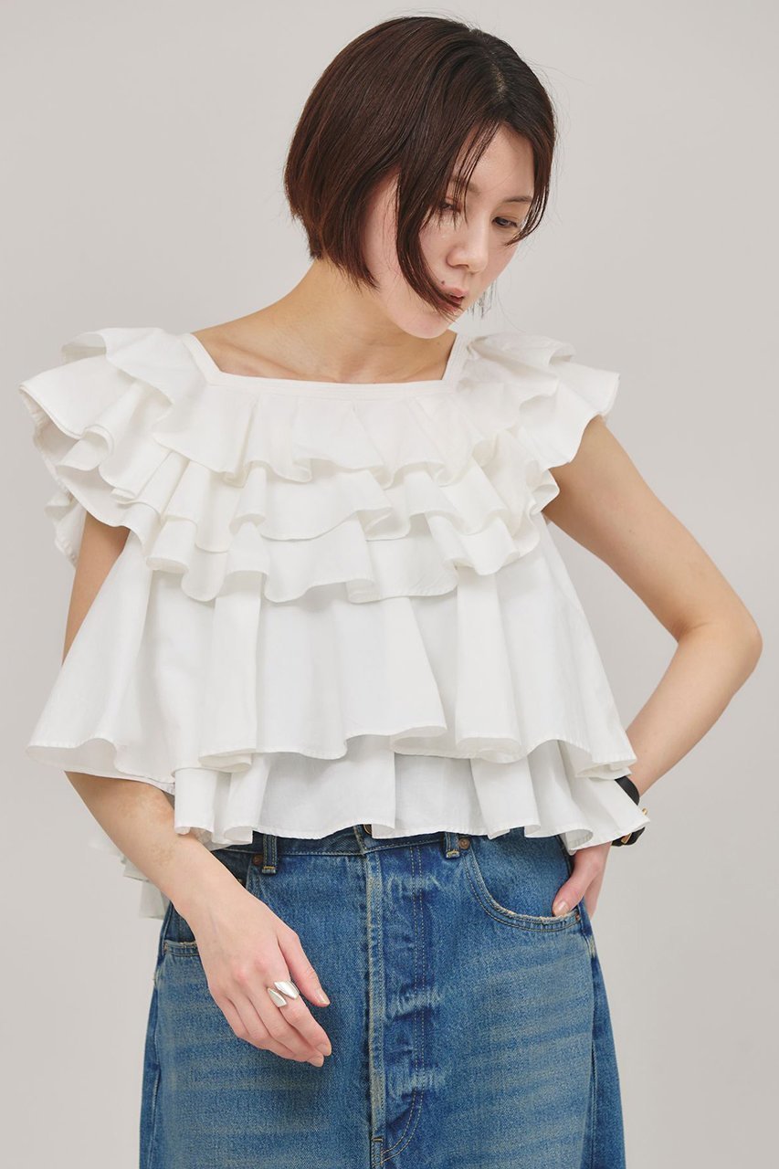 【カレンソロジー/Curensology】のポプリンラッフルブラウス インテリア・キッズ・メンズ・レディースファッション・服の通販 founy(ファニー) 　ファッション　Fashion　レディースファッション　Fashion for Women　トップス・カットソー　Cut & Sew Tops　シャツ・ブラウス・オフィスカジュアル　Elegant Blouses & Button-Ups　インド　Indian Textile　ショート　Short, Short Length　スリーブ　Sleeve, Long Sleeve / Short Sleeve　バランス　Balance, Style Balance　フリル　Frill, Ruffle　ボトム　Bottoms, Lower Wear　再入荷　Restock / Back in Stock　ホワイト|ID: prp329100004410951 ipo3291000000032809912