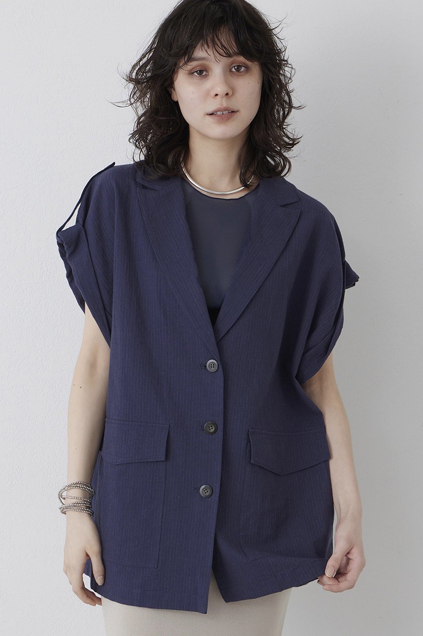 【ウィムガゼット/Whim Gazette】の【THE PAUSE】コットンリネンオーバージレ インテリア・キッズ・メンズ・レディースファッション・服の通販 founy(ファニー) 　ファッション　Fashion　レディースファッション　Fashion for Women　アウター　Coat / Outerwear Collection　レディースジャケット・軽アウター　Jackets　ジャケット　Jacket, Outerwear　ストライプ　Stripe, Striped Pattern　スリーブ　Sleeve, Long Sleeve / Short Sleeve　フレンチ　French, French Style　ベスト　Vest, Waistcoat　ボックス　Boxy, Box Shape　ボトム　Bottoms, Lower Wear　リネン　Linen, Linen Fabric　夏　Summer　春　Spring　S/S・春夏　SS, Spring/Summer, Warm Season　ネイビー|ID: prp329100004417199 ipo3291000000032957529
