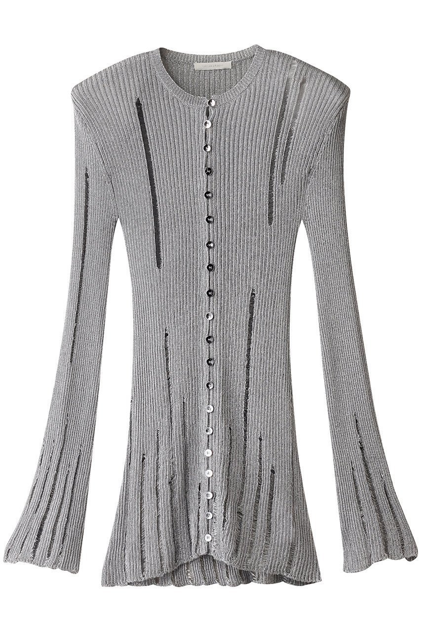 【カナコ サカイ/KANAKO SAKAI】のメタリックカーディガン インテリア・キッズ・メンズ・レディースファッション・服の通販 founy(ファニー) 　ファッション　Fashion　レディースファッション　Fashion for Women　トップス・カットソー　Cut & Sew Tops　ニット　Knit Tops & Sweaters　カーディガン・羽織り　Layered Style Cardigans　おすすめ　Recommended / Our Picks　カーディガン　Cardigan, Knitwear　スリム　Slim, Slim Fit　スリーブ　Sleeve, Long Sleeve / Short Sleeve　ダメージ　Distressed, Destroyed　メタリック　Metallic, Shiny Finish　エレガント 上品　Elegant　シルバー|ID: prp329100004417239 ipo3291000000034957143