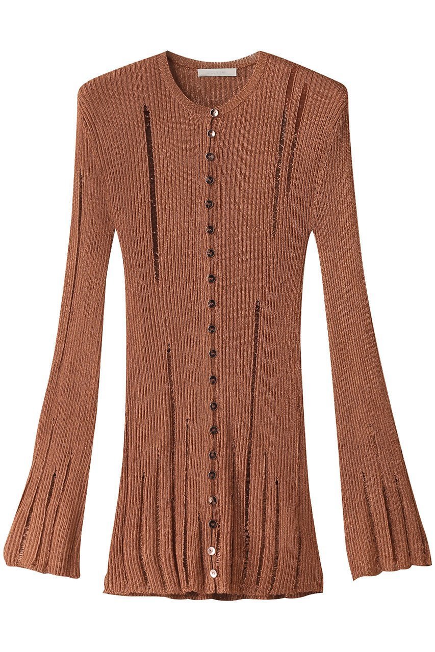 【カナコ サカイ/KANAKO SAKAI】のメタリックカーディガン インテリア・キッズ・メンズ・レディースファッション・服の通販 founy(ファニー) 　ファッション　Fashion　レディースファッション　Fashion for Women　トップス・カットソー　Cut & Sew Tops　ニット　Knit Tops & Sweaters　カーディガン・羽織り　Layered Style Cardigans　おすすめ　Recommended / Our Picks　カーディガン　Cardigan, Knitwear　スリム　Slim, Slim Fit　スリーブ　Sleeve, Long Sleeve / Short Sleeve　ダメージ　Distressed, Destroyed　メタリック　Metallic, Shiny Finish　エレガント 上品　Elegant　カッパー|ID: prp329100004417239 ipo3291000000034957144