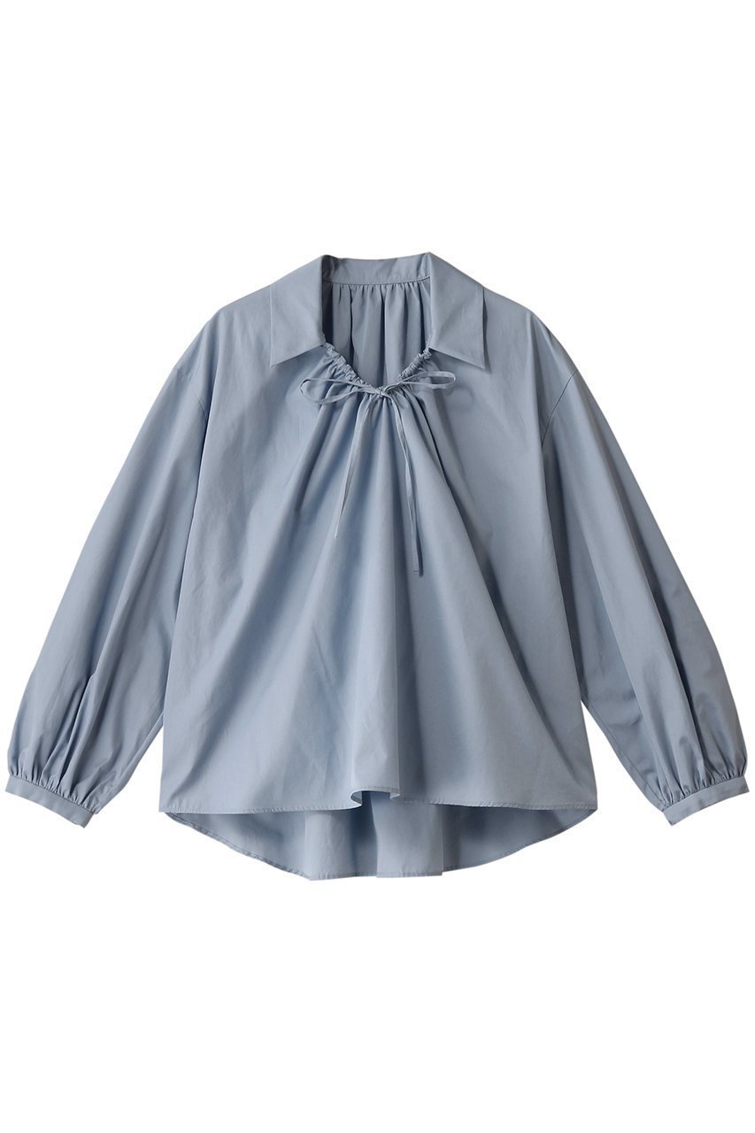 【エリオポール/heliopole】のスキッパーシャツ インテリア・キッズ・メンズ・レディースファッション・服の通販 founy(ファニー) 　ファッション　Fashion　レディースファッション　Fashion for Women　トップス・カットソー　Cut & Sew Tops　シャツ・ブラウス・オフィスカジュアル　Elegant Blouses & Button-Ups　ギャザー　Gathered, Ruffled　スキッパー　Skipper, Open Collar　スリーブ　Sleeve, Long Sleeve / Short Sleeve　デコルテ　Décolleté, Neckline　バランス　Balance, Style Balance　フロント　Front, Front Design　リボン　Ribbon, Bow　ロング　Long, Long-Length　ブルー|ID: prp329100004417287 ipo3291000000032909784