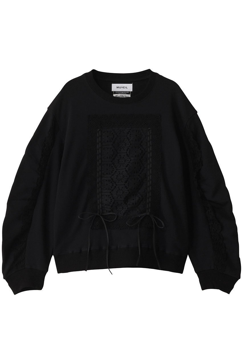 【ミュベール/MUVEIL】のラッセルレース裏毛トップス インテリア・キッズ・メンズ・レディースファッション・服の通販 founy(ファニー) 　ファッション　Fashion　レディースファッション　Fashion for Women　トップス・カットソー　Cut & Sew Tops　シャツ・ブラウス・オフィスカジュアル　Elegant Blouses & Button-Ups　レディースパーカー・カジュアルフーディー　Casual Hoodies & Sweatshirts　ロングTシャツ・Tシャツ　Longline T-Shirts & Tees　スウェット・クルーネックトップス　Sweatshirts & Crewnecks / Relaxed Fit Sweat Tops　カットソー・ベーシックTシャツ　Cut-and-Sewn Tops / Stretch Tees & Basics　かぎ針　Crochet　ギャザー　Gathered, Ruffled　コンパクト　Compact, Small Size　スポーティ　Sporty, Casual Athletic　スリーブ　Sleeve, Long Sleeve / Short Sleeve　バランス　Balance, Style Balance　フレーム　Frame, Outline　ボトム　Bottoms, Lower Wear　ラッセル　Raschel, Raschel Lace　リボン　Ribbon, Bow　レース　Lace, Lace Fabric　ヴィンテージ　Vintage Style　ブラック|ID: prp329100004418928 ipo3291000000032870166