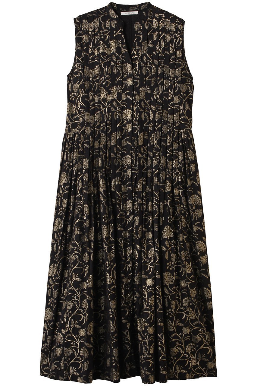 【ハウス オブ ロータス/HOUSE OF LOTUS】のハクプリントスタンドカラーワンピース インテリア・キッズ・メンズ・レディースファッション・服の通販 founy(ファニー) 　ファッション　Fashion　レディースファッション　Fashion for Women　ワンピース　Dresses　チュニック　Tunic Tops & Dresses　コンパクト　Compact, Small Size　スタンド　Stand Collar, Upright Stand　チュニック　Tunic, Long Top　ノースリーブ　Sleeveless, No-Sleeve　フレア　Flare, Flared　ブライト　Bright, Shiny　プリント　Print, Printed Pattern　ボタニカル　Botanical, Floral Pattern　ロング　Long, Long-Length　エレガント 上品　Elegant　再入荷　Restock / Back in Stock　夏　Summer　ブラック|ID: prp329100004420302 ipo3291000000032808476