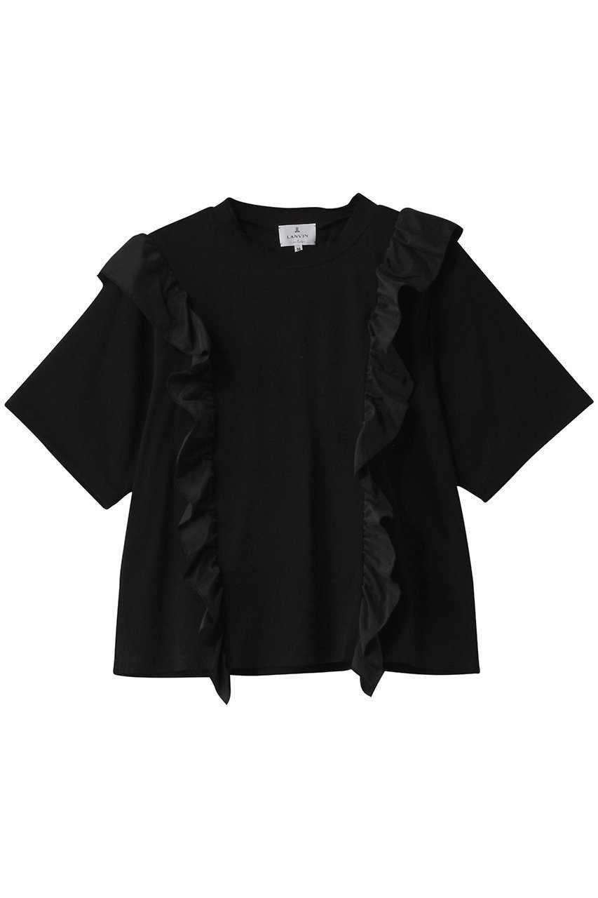 【ランバン オン ブルー/LANVIN en Bleu】のアシンメタフタフリルコンビカットソー インテリア・キッズ・メンズ・レディースファッション・服の通販 founy(ファニー) 　ファッション　Fashion　レディースファッション　Fashion for Women　トップス・カットソー　Cut & Sew Tops　シャツ・ブラウス・オフィスカジュアル　Elegant Blouses & Button-Ups　ロングTシャツ・Tシャツ　Longline T-Shirts & Tees　カットソー・ベーシックTシャツ　Cut-and-Sewn Tops / Stretch Tees & Basics　カットソー　Cut and Sewn Top　コンパクト　Compact, Small Size　ショート　Short, Short Length　スリーブ　Sleeve, Long Sleeve / Short Sleeve　デニム　Denim, Jeans Material　ドレープ　Drape, Draping Fabric　バランス　Balance, Style Balance　フェミニン　Feminine, Girly　フリル　Frill, Ruffle　ブラック|ID: prp329100004420356 ipo3291000000032870447