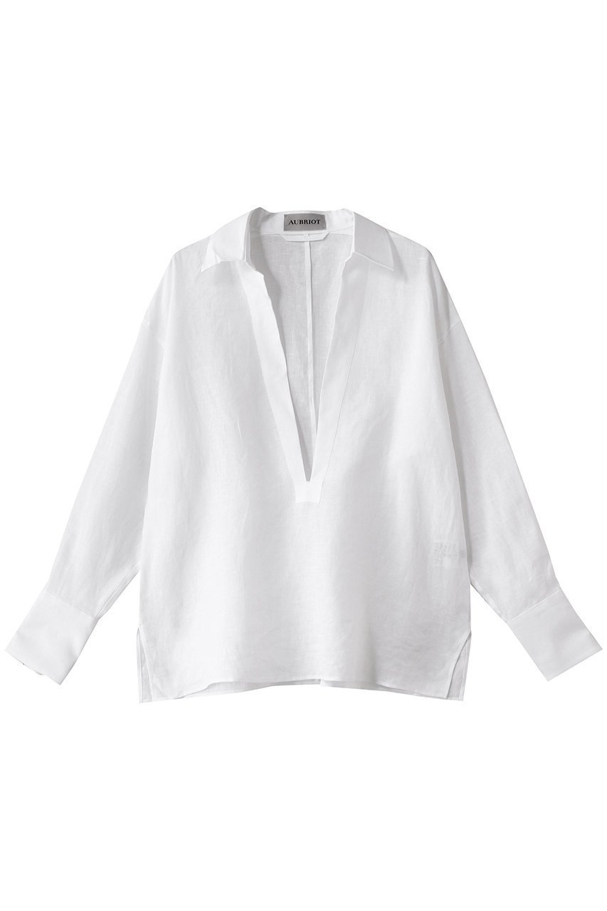 【オブリオ/AUBRIOT】のリネン深Vネック プルオーバーシャツ インテリア・キッズ・メンズ・レディースファッション・服の通販 founy(ファニー) 　ファッション　Fashion　レディースファッション　Fashion for Women　トップス・カットソー　Cut & Sew Tops　シャツ・ブラウス・オフィスカジュアル　Elegant Blouses & Button-Ups　カジュアルプルオーバー・ニットトップス　Pullovers & Knit Tops / Casual Pullovers　Vネックトップス　V-Neck Tops / V-Cut Neckline Shirts　イタリア　Italy　スリーブ　Sleeve, Long Sleeve / Short Sleeve　デニム　Denim, Jeans Material　リネン　Linen, Linen Fabric　ロング　Long, Long-Length　エレガント 上品　Elegant　オフホワイト|ID: prp329100004423930 ipo3291000000032907488