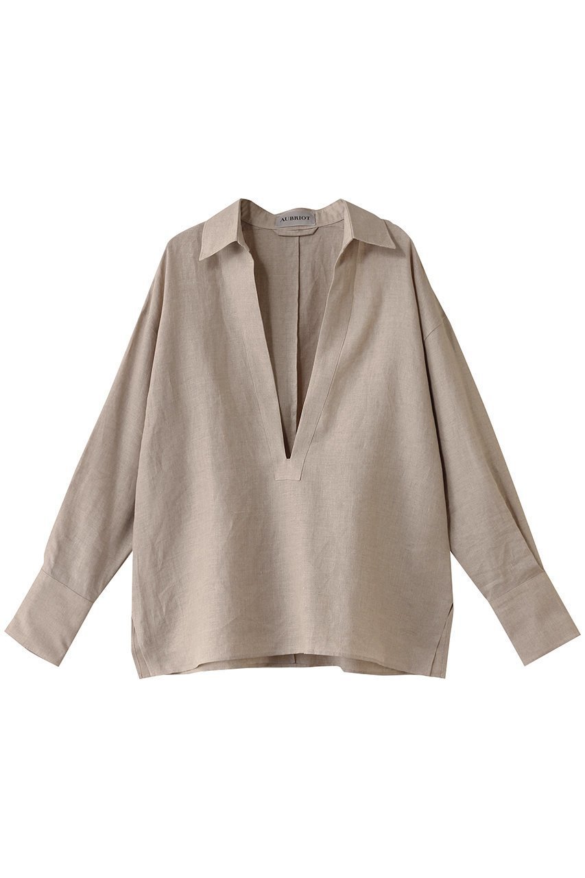 【オブリオ/AUBRIOT】のリネン深Vネック プルオーバーシャツ インテリア・キッズ・メンズ・レディースファッション・服の通販 founy(ファニー) 　ファッション　Fashion　レディースファッション　Fashion for Women　トップス・カットソー　Cut & Sew Tops　シャツ・ブラウス・オフィスカジュアル　Elegant Blouses & Button-Ups　カジュアルプルオーバー・ニットトップス　Pullovers & Knit Tops / Casual Pullovers　Vネックトップス　V-Neck Tops / V-Cut Neckline Shirts　イタリア　Italy　スリーブ　Sleeve, Long Sleeve / Short Sleeve　デニム　Denim, Jeans Material　リネン　Linen, Linen Fabric　ロング　Long, Long-Length　エレガント 上品　Elegant　ライトベージュ|ID: prp329100004423930 ipo3291000000032907491
