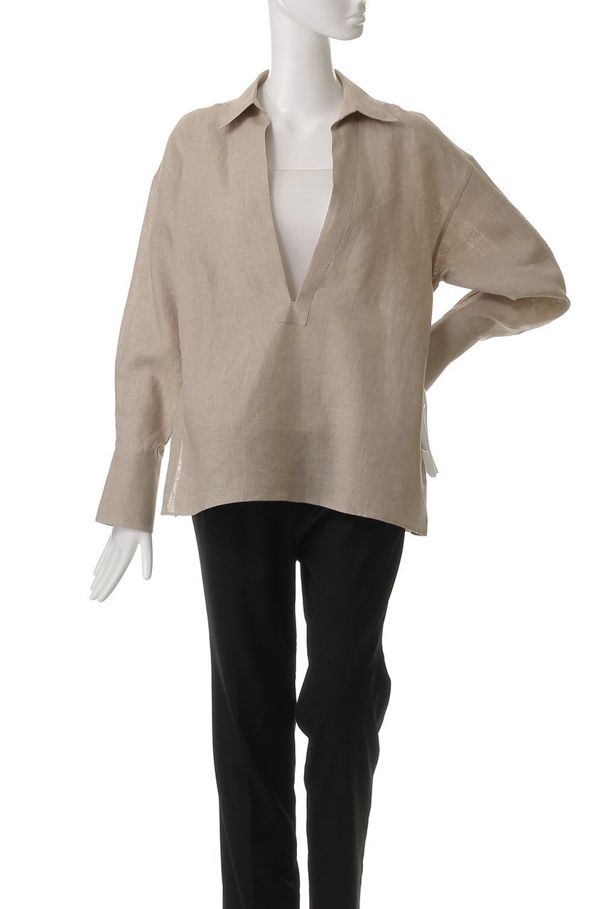 【オブリオ/AUBRIOT】のリネン深Vネック プルオーバーシャツ 人気、トレンドファッション・服の通販 founy(ファニー) 　ファッション　Fashion　レディースファッション　Fashion for Women　トップス・カットソー　Cut & Sew Tops　シャツ・ブラウス・オフィスカジュアル　Elegant Blouses & Button-Ups　カジュアルプルオーバー・ニットトップス　Pullovers & Knit Tops / Casual Pullovers　Vネックトップス　V-Neck Tops / V-Cut Neckline Shirts　イタリア　Italy　スリーブ　Sleeve, Long Sleeve / Short Sleeve　デニム　Denim, Jeans Material　リネン　Linen, Linen Fabric　ロング　Long, Long-Length　エレガント 上品　Elegant　other-2|ID: prp329100004423930 ipo3291000000032907493