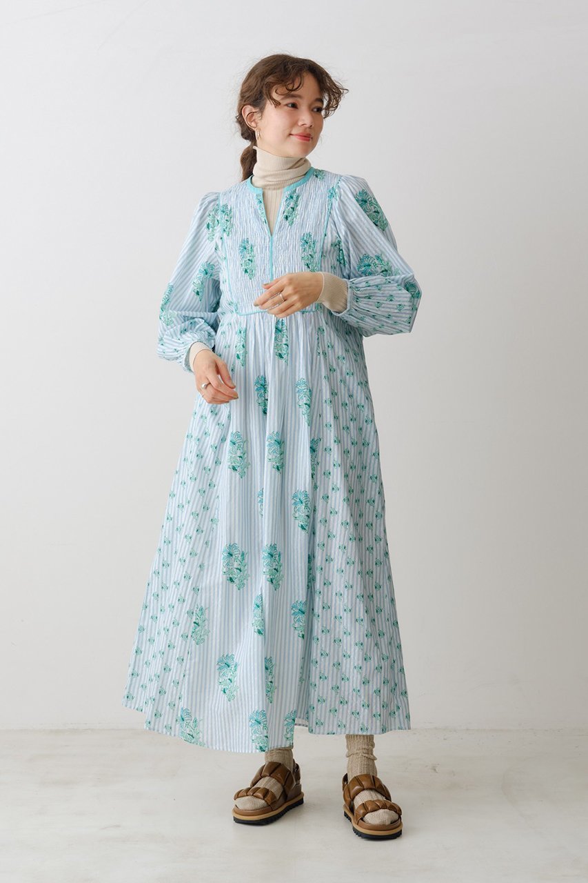 【ヌキテパ/NE QUITTEZ PAS】のCOTTON JACQUARD LILY プリント シャーリングワンピース 人気、トレンドファッション・服の通販 founy(ファニー) 　ファッション　Fashion　レディースファッション　Fashion for Women　ワンピース　Dresses　チュニック　Tunic Tops & Dresses　ギャザー　Gathered, Ruffled　サンダル　Sandals, Summer Shoes　シャーリング　Shirring, Ruched　ストライプ　Stripe, Striped Pattern　スニーカー　Sneakers, Trainers　チュニック　Tunic, Long Top　プリント　Print, Printed Pattern　ロング　Long, Long-Length　other-8|ID: prp329100004423978 ipo3291000000032870105