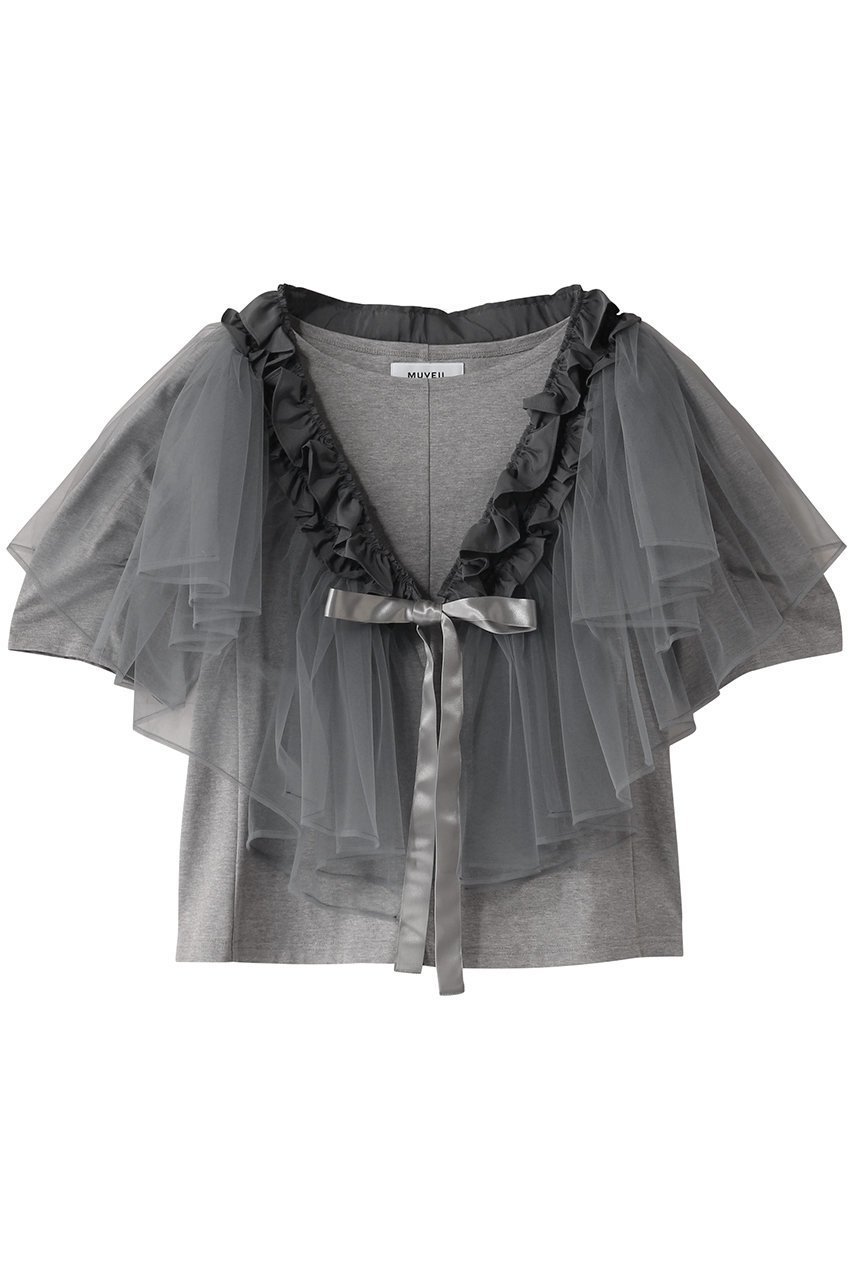 【ミュベール/MUVEIL】のチュールパーツ付きTシャツ インテリア・キッズ・メンズ・レディースファッション・服の通販 founy(ファニー) 　ファッション　Fashion　レディースファッション　Ladies' Fashion Online　トップス・カットソー　Tops/Tshirt　シャツ/ブラウス　Shirts/Blouses　ロング / Tシャツ　T-Shirts　カットソー　Cut and Sewn　ギャザー　Gather　コンパクト　Compact　ショート　Short　スリーブ　Sleeve　センター　Center　グレー|ID: prp329100004423985 ipo3291000000030892468