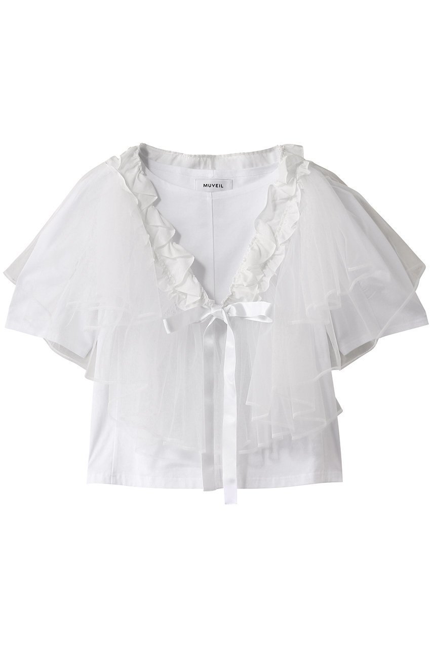 【ミュベール/MUVEIL】のチュールパーツ付きTシャツ 人気、トレンドファッション・服の通販 founy(ファニー) 　ファッション　Fashion　レディースファッション　Fashion for Women　トップス・カットソー　Cut & Sew Tops　シャツ・ブラウス・オフィスカジュアル　Elegant Blouses & Button-Ups　ロングTシャツ・Tシャツ　Longline T-Shirts & Tees　カットソー・ベーシックTシャツ　Cut-and-Sewn Tops / Stretch Tees & Basics　ギャザー　Gathered, Ruffled　コンパクト　Compact, Small Size　ショート　Short, Short Length　スリーブ　Sleeve, Long Sleeve / Short Sleeve　センター　Center, Center Line　 other-1|ID: prp329100004423985 ipo3291000000034954239
