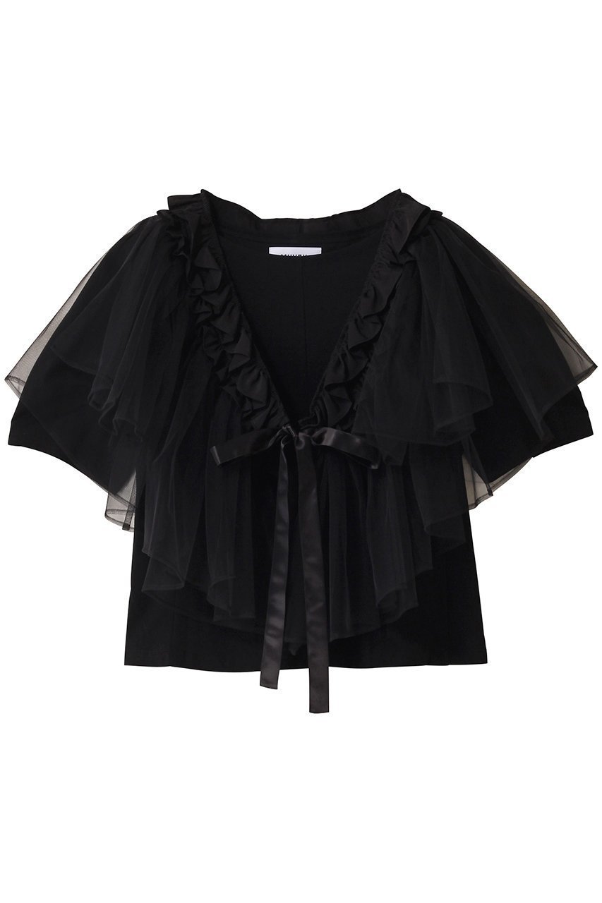 【ミュベール/MUVEIL】のチュールパーツ付きTシャツ インテリア・キッズ・メンズ・レディースファッション・服の通販 founy(ファニー) 　ファッション　Fashion　レディースファッション　Fashion for Women　トップス・カットソー　Cut & Sew Tops　シャツ・ブラウス・オフィスカジュアル　Elegant Blouses & Button-Ups　ロングTシャツ・Tシャツ　Longline T-Shirts & Tees　カットソー・ベーシックTシャツ　Cut-and-Sewn Tops / Stretch Tees & Basics　ギャザー　Gathered, Ruffled　コンパクト　Compact, Small Size　ショート　Short, Short Length　スリーブ　Sleeve, Long Sleeve / Short Sleeve　センター　Center, Center Line　ブラック|ID: prp329100004423985 ipo3291000000034954241