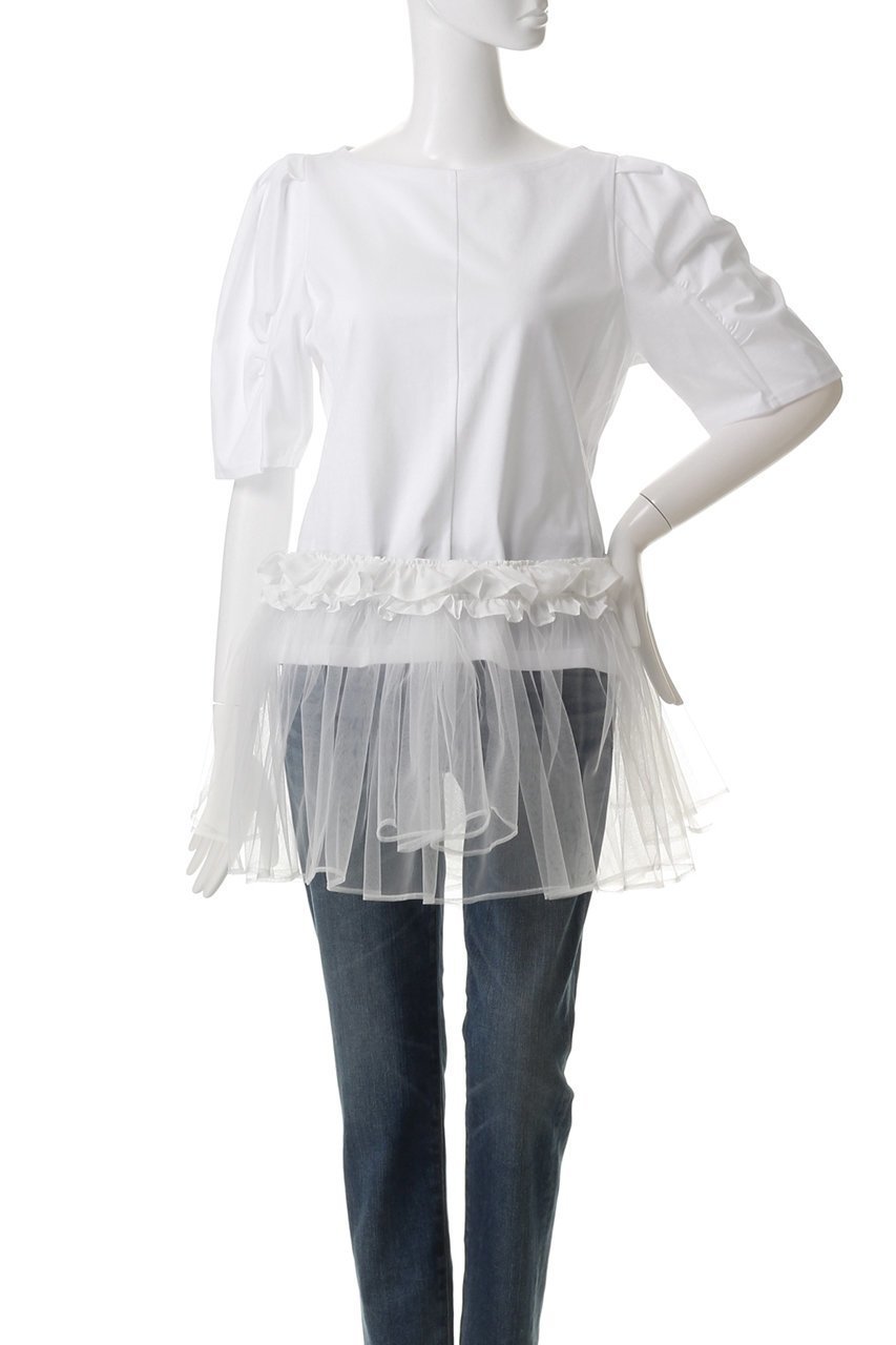 【ミュベール/MUVEIL】のチュールパーツ付きTシャツ 人気、トレンドファッション・服の通販 founy(ファニー) 　ファッション　Fashion　レディースファッション　Fashion for Women　トップス・カットソー　Cut & Sew Tops　シャツ・ブラウス・オフィスカジュアル　Elegant Blouses & Button-Ups　ロングTシャツ・Tシャツ　Longline T-Shirts & Tees　カットソー・ベーシックTシャツ　Cut-and-Sewn Tops / Stretch Tees & Basics　ギャザー　Gathered, Ruffled　コンパクト　Compact, Small Size　ショート　Short, Short Length　スリーブ　Sleeve, Long Sleeve / Short Sleeve　センター　Center, Center Line　other-7|ID: prp329100004423985 ipo3291000000035486494