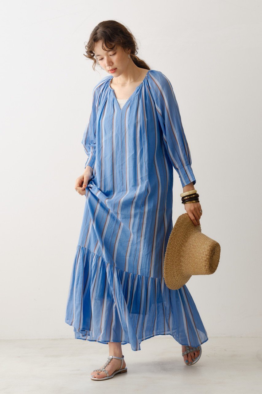 【ヌキテパ/NE QUITTEZ PAS】のCOTTON VOILE ストライプ ギャザーネックドレス 人気、トレンドファッション・服の通販 founy(ファニー) 　ファッション　Fashion　レディースファッション　Fashion for Women　ワンピース　Dresses　フォーマル・パーティードレス・結婚式用ドレス　Elegant & Casual Dresses　チュニック　Tunic Tops & Dresses　ギャザー　Gathered, Ruffled　スタイリッシュ　Stylish, Fashionable　ストライプ　Stripe, Striped Pattern　チュニック　Tunic, Long Top　ドレス　Dress, One-Piece　フェミニン　Feminine, Girly　ロング　Long, Long-Length　今季　This Season, Current Season　夏　Summer　春　Spring　S/S・春夏　SS, Spring/Summer, Warm Season　other-6|ID: prp329100004423995 ipo3291000000032873162