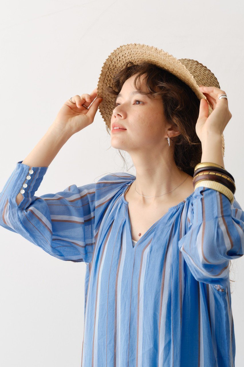 【ヌキテパ/NE QUITTEZ PAS】のCOTTON VOILE ストライプ ギャザーネックドレス 人気、トレンドファッション・服の通販 founy(ファニー) 　ファッション　Fashion　レディースファッション　Fashion for Women　ワンピース　Dresses　フォーマル・パーティードレス・結婚式用ドレス　Elegant & Casual Dresses　チュニック　Tunic Tops & Dresses　ギャザー　Gathered, Ruffled　スタイリッシュ　Stylish, Fashionable　ストライプ　Stripe, Striped Pattern　チュニック　Tunic, Long Top　ドレス　Dress, One-Piece　フェミニン　Feminine, Girly　ロング　Long, Long-Length　今季　This Season, Current Season　夏　Summer　春　Spring　S/S・春夏　SS, Spring/Summer, Warm Season　other-7|ID: prp329100004423995 ipo3291000000032873167