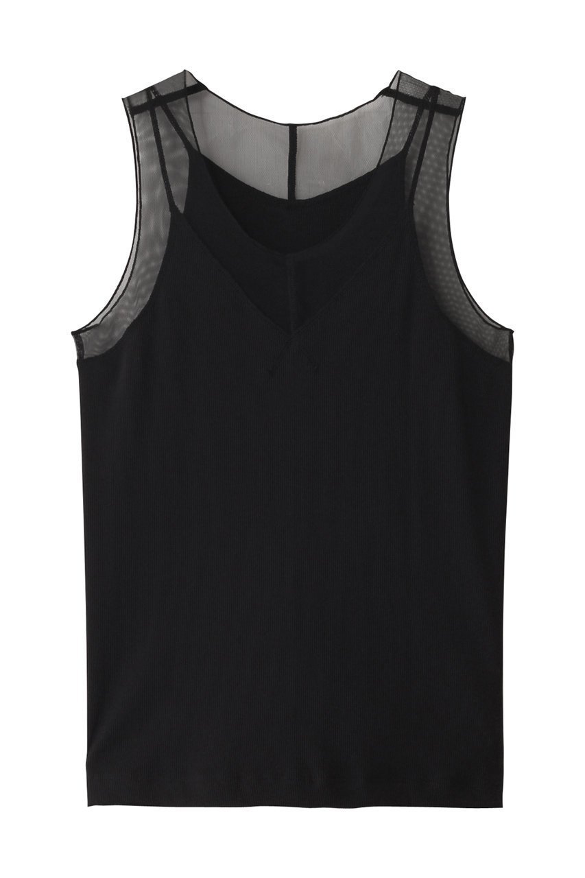 【マルティニーク/martinique】のリブチュールタンク インテリア・キッズ・メンズ・レディースファッション・服の通販 founy(ファニー) 　ファッション　Fashion　レディースファッション　Fashion for Women　トップス・カットソー　Cut & Sew Tops　キャミソール&ノースリーブ　Camisoles & Sleeveless Tops　シャツ・ブラウス・オフィスカジュアル　Elegant Blouses & Button-Ups　ロングTシャツ・Tシャツ　Longline T-Shirts & Tees　カットソー・ベーシックTシャツ　Cut-and-Sewn Tops / Stretch Tees & Basics　インナー　Innerwear　キャミソール　Camisole, Spaghetti Strap Top　シアー　Sheer, See-Through　ジャケット　Jacket, Outerwear　タンク　Tank Top, Sleeveless Top　チュール　Tulip, Tulip Motif　デニム　Denim, Jeans Material　ドッキング　Docking, Mixed Material　ブラック|ID: prp329100004424018 ipo3291000000036496625