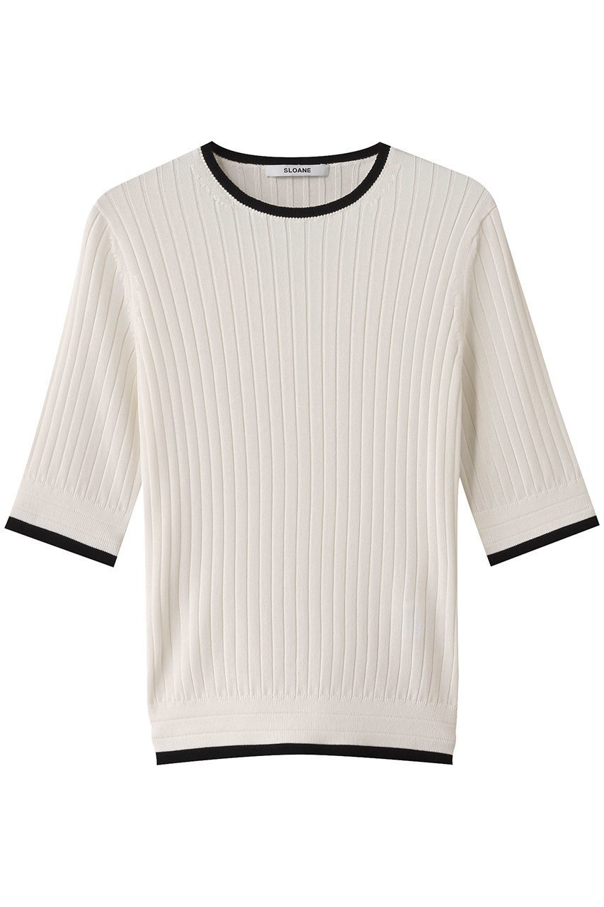 【スローン/SLOANE】の12Gワイドリブ コットン×ポリエステル バイカラー5分袖クルーネック 人気、トレンドファッション・服の通販 founy(ファニー) 　ファッション　Fashion　レディースファッション　Fashion for Women　トップス・カットソー　Cut & Sew Tops　ニット　Knit Tops & Sweaters　カジュアルプルオーバー・ニットトップス　Pullovers & Knit Tops / Casual Pullovers　シンプル　Simple, Minimal　ワイドリブ　Wide Rib, Wide Ribbed Knit　軽量　Lightweight, Ultra Light　 other-1|ID: prp329100004425705 ipo3291000000032940296
