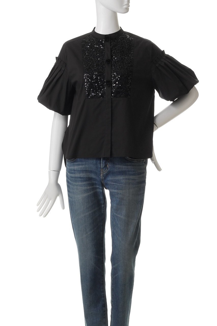 【マリリンムーン/MARILYN MOON】のフリンジビーズモチーフハーフスリーブブラウス 人気、トレンドファッション・服の通販 founy(ファニー) 　ファッション　Fashion　レディースファッション　Fashion for Women　トップス・カットソー　Cut & Sew Tops　シャツ・ブラウス・オフィスカジュアル　Elegant Blouses & Button-Ups　ショート　Short, Short Length　ジャケット　Jacket, Outerwear　スパンコール　Sequins, Sequin Embellishment　スリーブ　Sleeve, Long Sleeve / Short Sleeve　デニム　Denim, Jeans Material　バルーン　Balloon, Balloon Silhouette　フリンジ　Fringe, Tassel　エレガント 上品　Elegant　ビジネス 仕事 通勤　Business / Work / Commuting　other-2|ID: prp329100004430244 ipo3291000000032909835