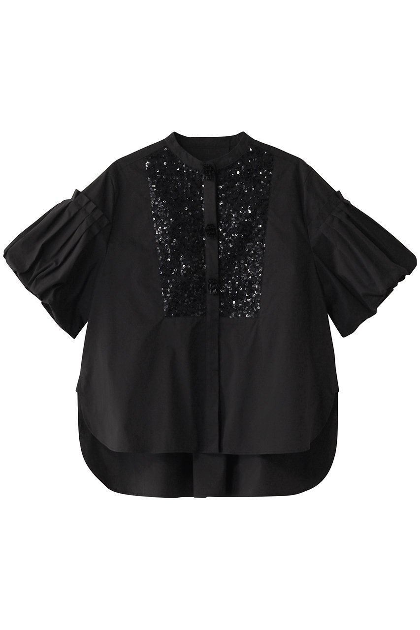 【マリリンムーン/MARILYN MOON】のフリンジビーズモチーフハーフスリーブブラウス 人気、トレンドファッション・服の通販 founy(ファニー) 　ファッション　Fashion　レディースファッション　Fashion for Women　トップス・カットソー　Cut & Sew Tops　シャツ・ブラウス・オフィスカジュアル　Elegant Blouses & Button-Ups　ショート　Short, Short Length　ジャケット　Jacket, Outerwear　スパンコール　Sequins, Sequin Embellishment　スリーブ　Sleeve, Long Sleeve / Short Sleeve　デニム　Denim, Jeans Material　バルーン　Balloon, Balloon Silhouette　フリンジ　Fringe, Tassel　エレガント 上品　Elegant　ビジネス 仕事 通勤　Business / Work / Commuting　 other-1|ID: prp329100004430244 ipo3291000000035739025