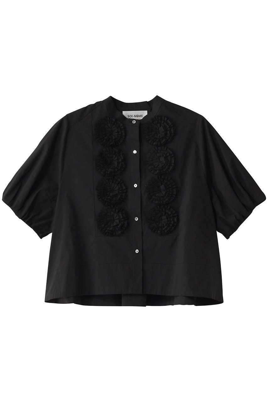 【マリリンムーン/MARILYN MOON】のドラマティックタックモチーフハーフスリーブブラウス インテリア・キッズ・メンズ・レディースファッション・服の通販 founy(ファニー) 　ファッション　Fashion　レディースファッション　Fashion for Women　トップス・カットソー　Cut & Sew Tops　シャツ・ブラウス・オフィスカジュアル　Elegant Blouses & Button-Ups　クロップド　Cropped, Short Length　シアー　Sheer, See-Through　ショート　Short, Short Length　ジャケット　Jacket, Outerwear　スリーブ　Sleeve, Long Sleeve / Short Sleeve　ダウン　Down, Puffer　チュール　Tulip, Tulip Motif　デニム　Denim, Jeans Material　バランス　Balance, Style Balance　バルーン　Balloon, Balloon Silhouette　フラワー　Flower, Floral　モチーフ　Motif, Design Theme　ビジネス 仕事 通勤　Business / Work / Commuting　ブラック|ID: prp329100004430245 ipo3291000000035957903