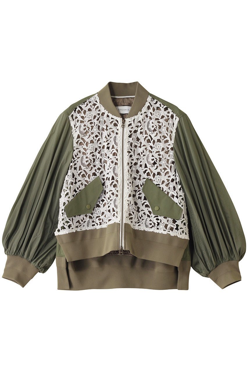 【ヒューエルミュージアム/hueLe Museum】の【STUMBLY】Lace Combi Sheer Sleeve MA-1 インテリア・キッズ・メンズ・レディースファッション・服の通販 founy(ファニー) 　ファッション　Fashion　レディースファッション　Fashion for Women　アウター　Coat / Outerwear Collection　レディースジャケット・軽アウター　Jackets　MA-1ジャケット　MA-1 Bomber Jackets / Flight Jackets　インナー　Innerwear　エレガント 上品　Elegant　シンプル　Simple, Minimal　ジャケット　Jacket, Outerwear　スリーブ　Sleeve, Long Sleeve / Short Sleeve　デニム　Denim, Jeans Material　トレンド　Trend, Trending Now　フロント　Front, Front Design　レース　Lace, Lace Fabric　ホワイト|ID: prp329100004431579 ipo3291000000032967411