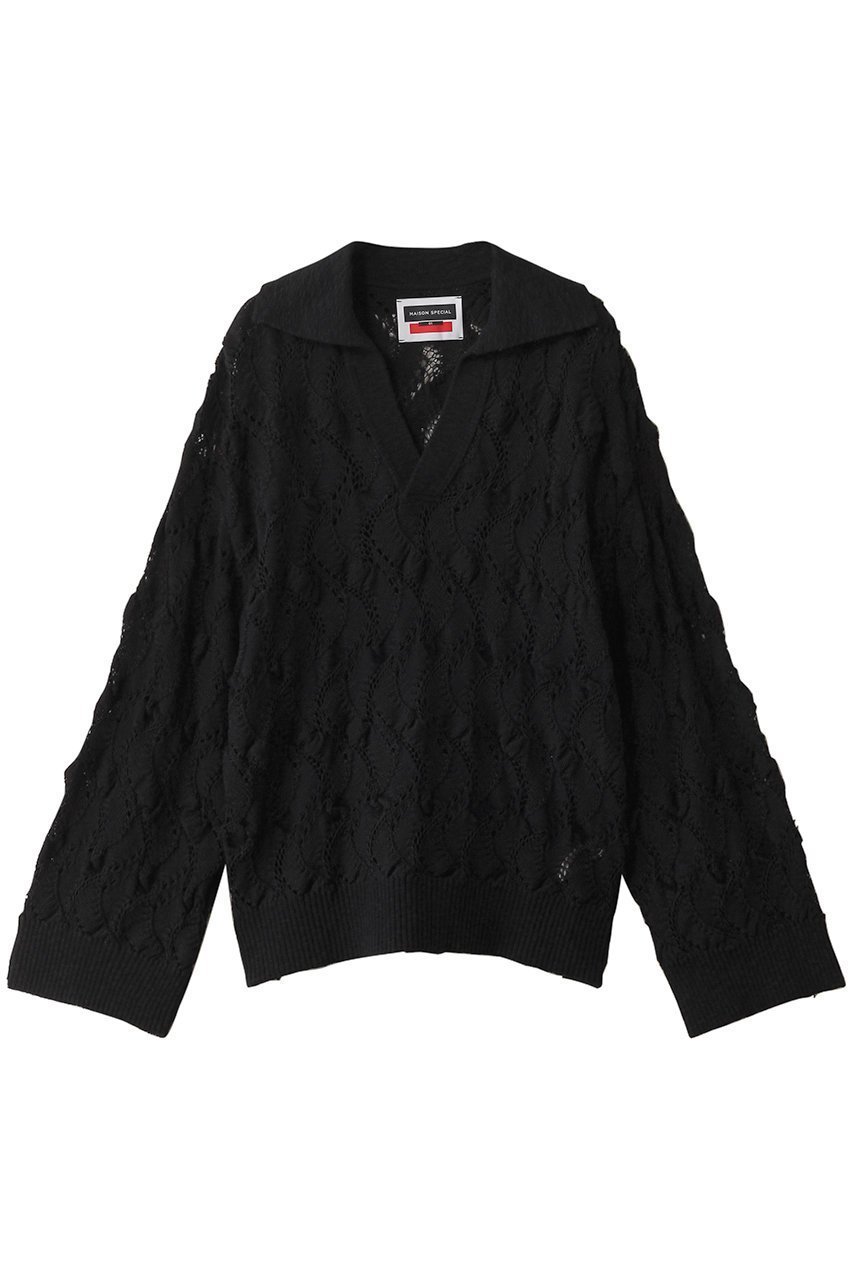 【メゾンスペシャル/MAISON SPECIAL】の【UNISEX】ジグザグ写し柄ポロ衿スキッパーニット 人気、トレンドファッション・服の通販 founy(ファニー) 　ファッション　Fashion　レディースファッション　Fashion for Women　トップス・カットソー　Cut & Sew Tops　ニット　Knit Tops & Sweaters　カジュアルプルオーバー・ニットトップス　Pullovers & Knit Tops / Casual Pullovers　ユニセックス　Unisex, Genderless　クラシック　Classic, Timeless Style　スキッパー　Skipper, Open Collar　デニム　Denim, Jeans Material　リラックス　Relax, Relaxed Fit　エレガント 上品　Elegant　透かし　Cut-Out, Lacework　 other-1|ID: prp329100004433098 ipo3291000000036922444