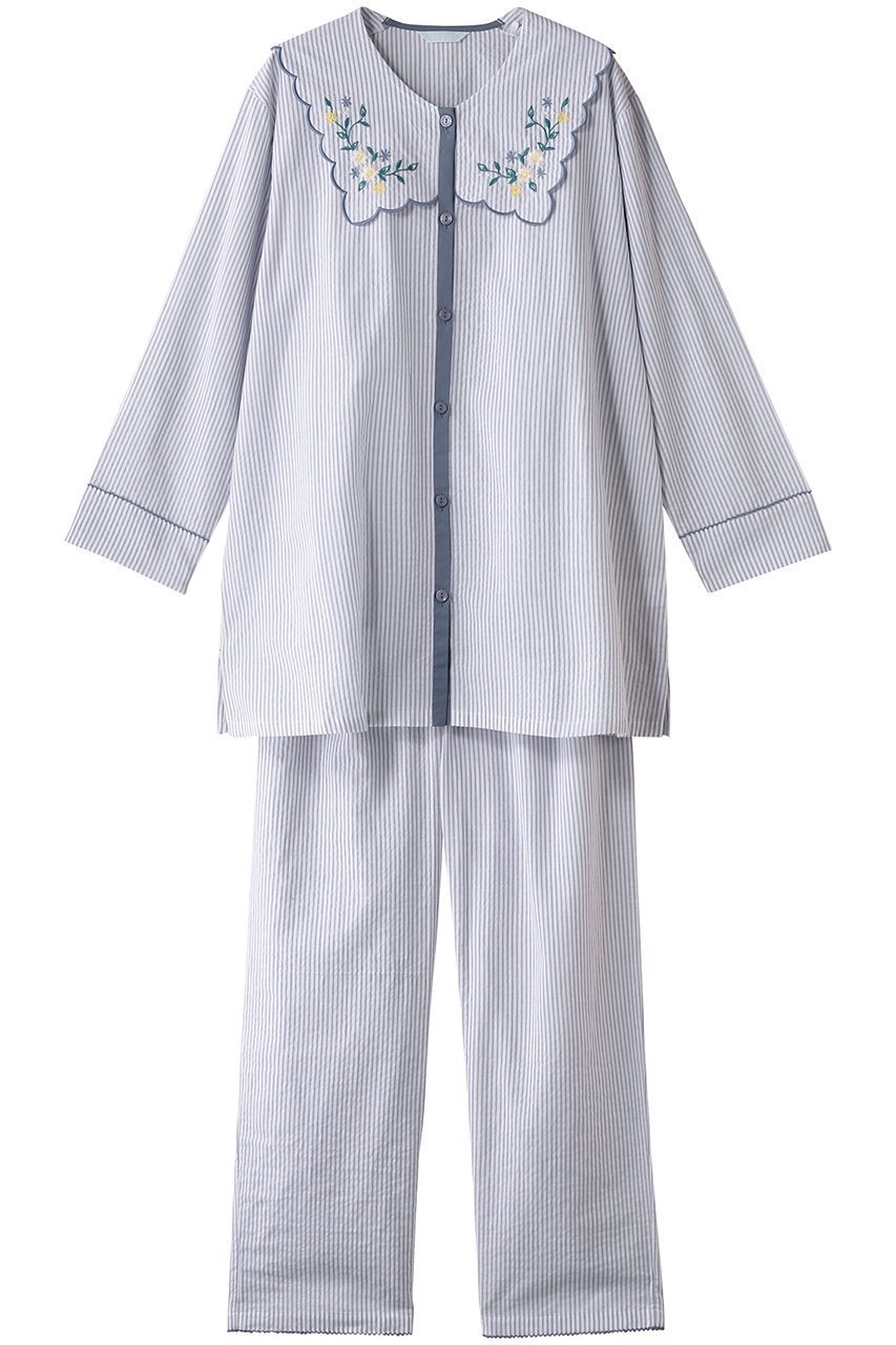 【キッドブルー/KID BLUE】の25ストライプエンブパジャマ インテリア・キッズ・メンズ・レディースファッション・服の通販 founy(ファニー) 　ファッション　Fashion　レディースファッション　WOMEN　ストライプ　Stripe　スリーブ　Sleeve　パジャマ　Pajamas　ロング　Long　夏　Summer　春　Spring　S/S・春夏　Ss・Spring/Summer　ブルー|ID: prp329100004434707 ipo3291000000030979164