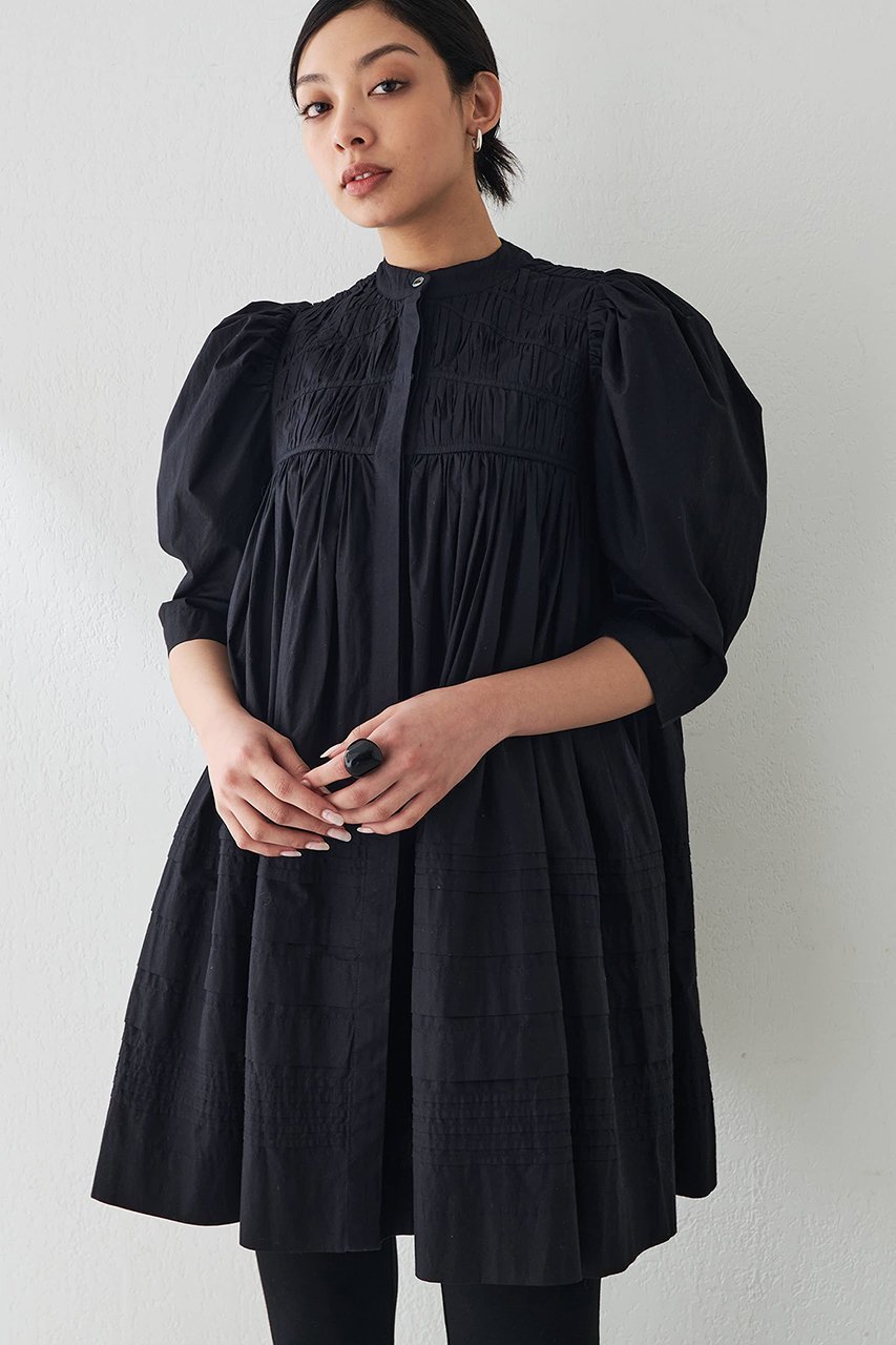 【ウィムガゼット/Whim Gazette】のタックギャザーワンピース インテリア・キッズ・メンズ・レディースファッション・服の通販 founy(ファニー) 　ファッション　Fashion　レディースファッション　Fashion for Women　ワンピース　Dresses　チュニック　Tunic Tops & Dresses　ギャザー　Gathered, Ruffled　スリーブ　Sleeve, Long Sleeve / Short Sleeve　チュニック　Tunic, Long Top　パイピング　Piping, Trim Design　ベビー　Baby, Babywear　ペプラム　Peplum, Flared Hem　ヨーク　Yoke, Yoke Design　ランダム　Random, Irregular　エレガント 上品　Elegant　ブラック|ID: prp329100004437824 ipo3291000000032861516