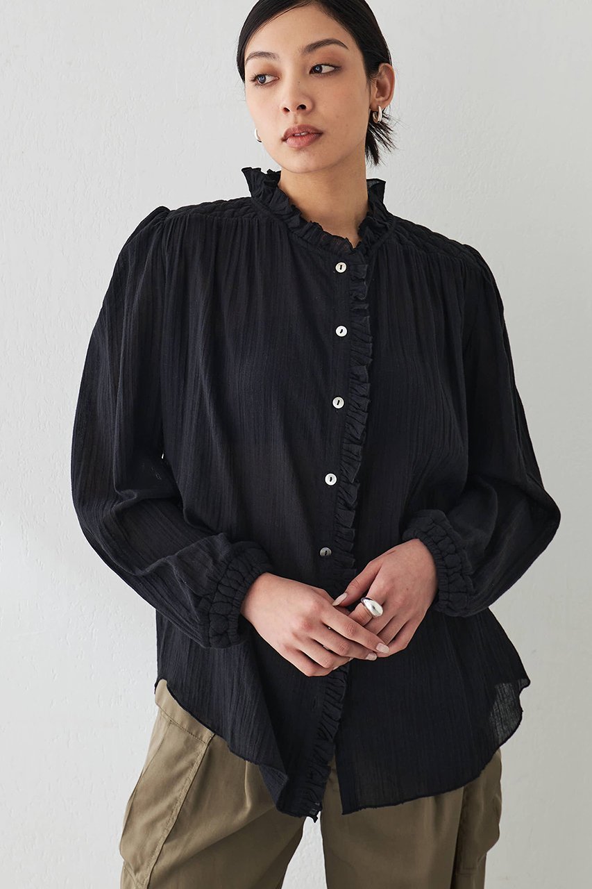 【ウィムガゼット/Whim Gazette】のフリルギャザーブラウス インテリア・キッズ・メンズ・レディースファッション・服の通販 founy(ファニー) 　ファッション　Fashion　レディースファッション　Fashion for Women　トップス・カットソー　Cut & Sew Tops　シャツ・ブラウス・オフィスカジュアル　Elegant Blouses & Button-Ups　キルティング　Quilted, Quilting　ギャザー　Gathered, Ruffled　スタンド　Stand Collar, Upright Stand　スリーブ　Sleeve, Long Sleeve / Short Sleeve　フリル　Frill, Ruffle　ロング　Long, Long-Length　エレガント 上品　Elegant　ブラック|ID: prp329100004437829 ipo3291000000032846349