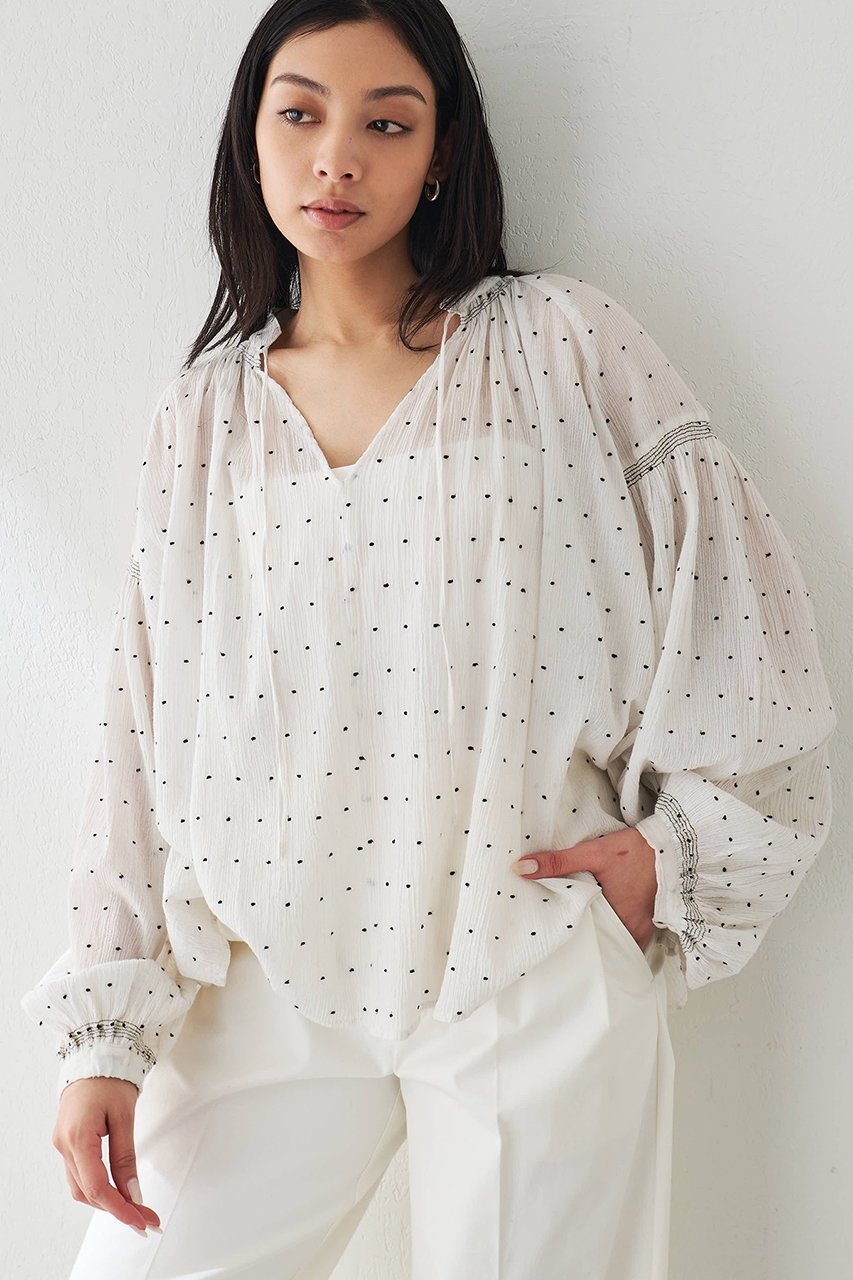 【ウィムガゼット/Whim Gazette】のドットシシュウブラウス 人気、トレンドファッション・服の通販 founy(ファニー) 　ファッション　Fashion　レディースファッション　Fashion for Women　トップス・カットソー　Cut & Sew Tops　シャツ・ブラウス・オフィスカジュアル　Elegant Blouses & Button-Ups　シャーリング　Shirring, Ruched　スキッパー　Skipper, Open Collar　スリーブ　Sleeve, Long Sleeve / Short Sleeve　デコルテ　Décolleté, Neckline　ドット　Polka Dot, Dot Pattern　ロング　Long, Long-Length　夏　Summer　春　Spring　 other-1|ID: prp329100004437830 ipo3291000000032837689