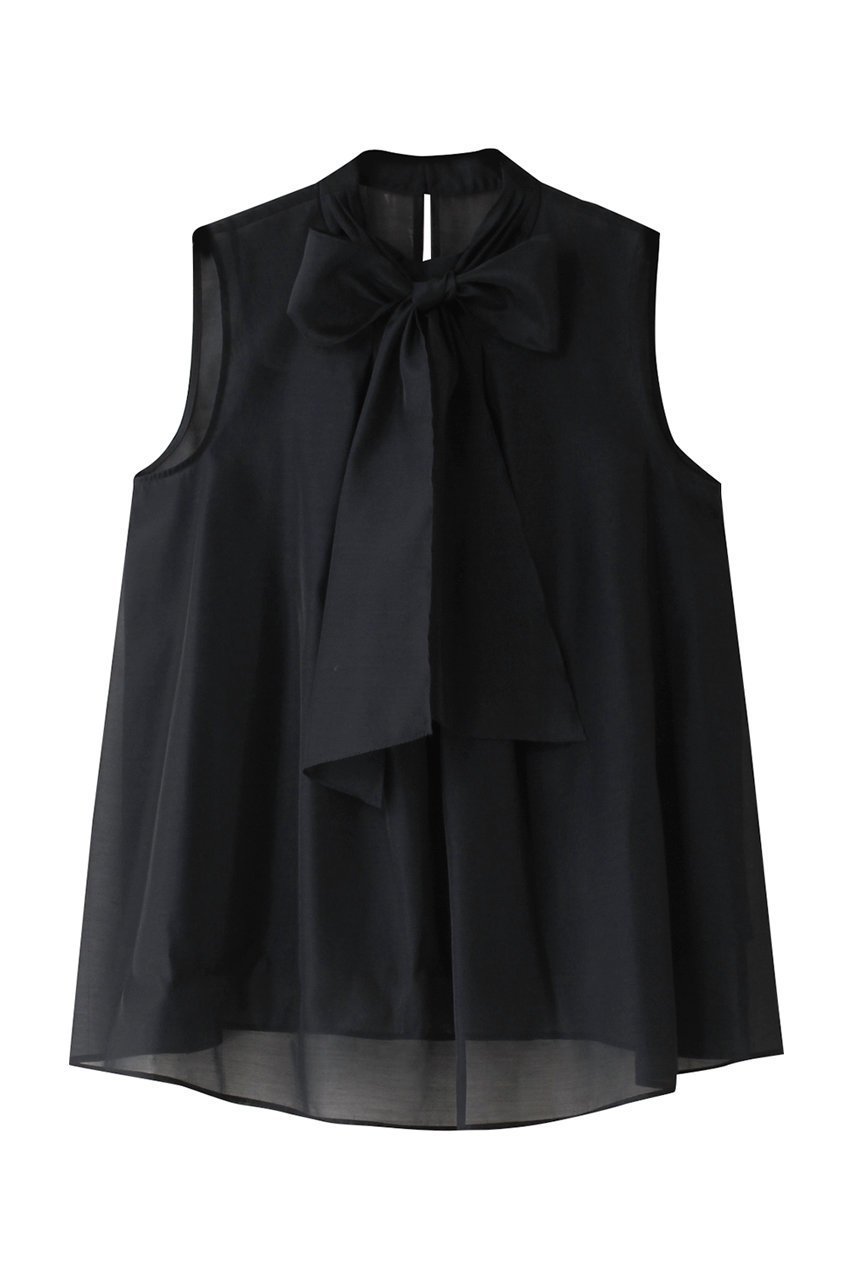 【アナイ/ANAYI】のオーガンジーリボンボウタイブラウス インテリア・キッズ・メンズ・レディースファッション・服の通販 founy(ファニー) 　ファッション　Fashion　レディースファッション　Fashion for Women　トップス・カットソー　Cut & Sew Tops　キャミソール&ノースリーブ　Camisoles & Sleeveless Tops　シャツ・ブラウス・オフィスカジュアル　Elegant Blouses & Button-Ups　エアリー　Airy Texture　エレガント 上品　Elegant　オーガンジー　Organza Fabric　シンプル　Simple, Minimal　デニム　Denim, Jeans Material　ノースリーブ　Sleeveless, No-Sleeve　フェミニン　Feminine, Girly　リボン　Ribbon, Bow　ネイビー|ID: prp329100004437884 ipo3291000000032854402