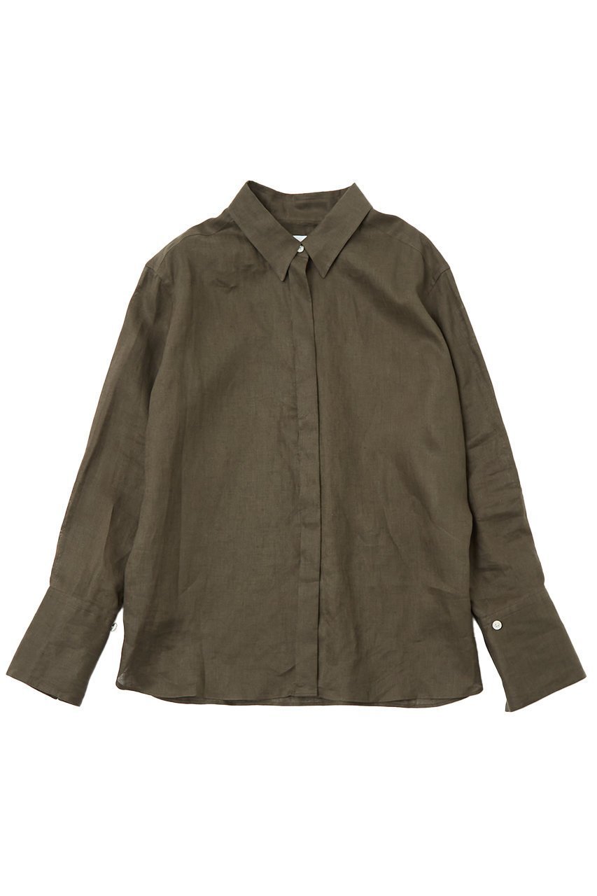 【ザ ストア バイ シー/THE STORE by C】のリネンシャツ インテリア・キッズ・メンズ・レディースファッション・服の通販 founy(ファニー) 　ファッション　Fashion　レディースファッション　Fashion for Women　トップス・カットソー　Cut & Sew Tops　シャツ・ブラウス・オフィスカジュアル　Elegant Blouses & Button-Ups　カシュクール　Wrap Design　スラックス　Slacks, Dress Pants　スリーブ　Sleeve, Long Sleeve / Short Sleeve　デニム　Denim, Jeans Material　リネン　Linen, Linen Fabric　ロング　Long, Long-Length　エレガント 上品　Elegant　夏　Summer　カーキ|ID: prp329100004442455 ipo3291000000032907702