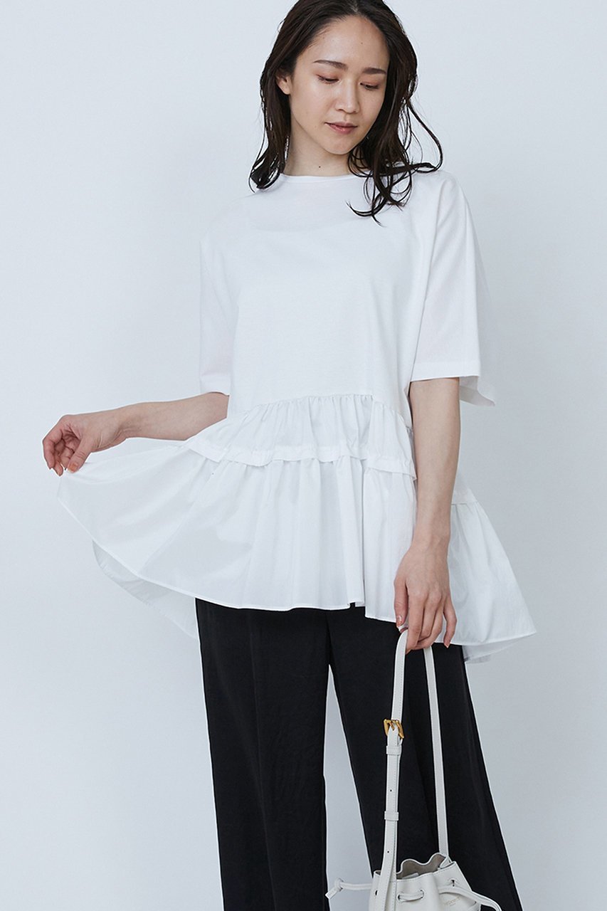 【プルミエ アロンディスモン/1er Arrondissement】のコットンポンチ×タフタトップス 人気、トレンドファッション・服の通販 founy(ファニー) 　ファッション　Fashion　レディースファッション　Fashion for Women　トップス・カットソー　Cut & Sew Tops　シャツ・ブラウス・オフィスカジュアル　Elegant Blouses & Button-Ups　カットソー　Cut and Sewn Top　ギャザー　Gathered, Ruffled　ショート　Short, Short Length　スリーブ　Sleeve, Long Sleeve / Short Sleeve　タフタ　Taffeta, Structured Fabric　ドッキング　Docking, Mixed Material　再入荷　Restock / Back in Stock　 other-1|ID: prp329100004442532 ipo3291000000032841241