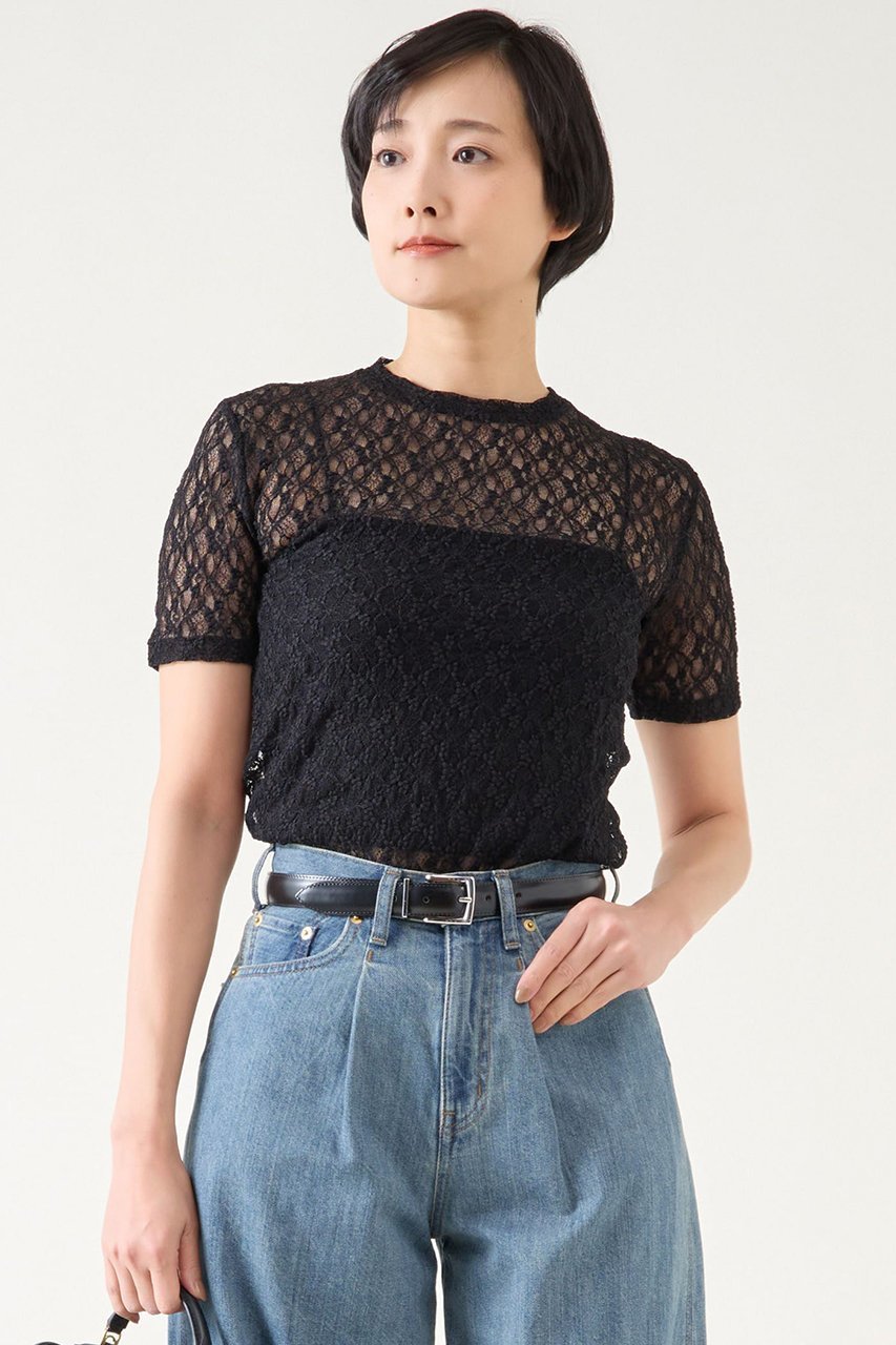 【マルティニーク/martinique】のストレッチレースTシャツ インテリア・キッズ・メンズ・レディースファッション・服の通販 founy(ファニー) 　ファッション　Fashion　レディースファッション　Fashion for Women　トップス・カットソー　Cut & Sew Tops　シャツ・ブラウス・オフィスカジュアル　Elegant Blouses & Button-Ups　ロングTシャツ・Tシャツ　Longline T-Shirts & Tees　カットソー・ベーシックTシャツ　Cut-and-Sewn Tops / Stretch Tees & Basics　おすすめ　Recommended / Our Picks　コンパクト　Compact, Small Size　ショート　Short, Short Length　ストレッチ　Stretch, Stretchy Fabric　スリーブ　Sleeve, Long Sleeve / Short Sleeve　フィット　Fit, Slim Fit　ボトム　Bottoms, Lower Wear　レース　Lace, Lace Fabric　再入荷　Restock / Back in Stock　ブラック|ID: prp329100004444665 ipo3291000000032808504