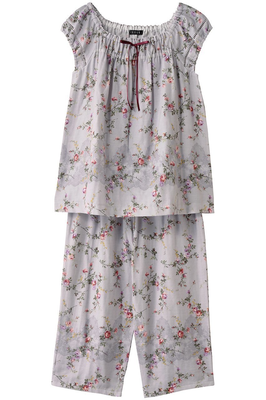【イクコ/IKUKO】のダブルガーゼ花柄プリント フレンチスリーブパジャマ インテリア・キッズ・メンズ・レディースファッション・服の通販 founy(ファニー) 　ファッション　Fashion　レディースファッション　Fashion for Women　アンティーク　Antique-Inspired　ダブル　Double, Double-Breasted　パジャマ　Pajamas, Sleepwear　フェミニン　Feminine, Girly　プリント　Print, Printed Pattern　リボン　Ribbon, Bow　リラックス　Relax, Relaxed Fit　レース　Lace, Lace Fabric　ローズ　Rose, Rose Motif　吸水　Absorbent, Quick-Dry　夏　Summer　定番　Standard, Basic Item　春　Spring　S/S・春夏　SS, Spring/Summer, Warm Season　グレー|ID: prp329100004446171 ipo3291000000032833447