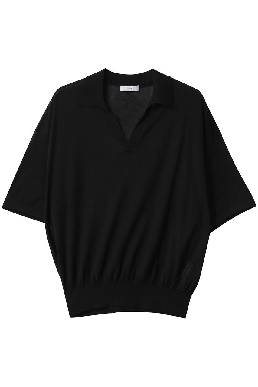 【エイトン/ATON】のCOMPACT コットンスキッパー ポロセーター インテリア・キッズ・メンズ・レディースファッション・服の通販 founy(ファニー) 　ファッション　Fashion　レディースファッション　Fashion for Women　トップス・カットソー　Cut & Sew Tops　ニット　Knit Tops & Sweaters　カジュアルプルオーバー・ニットトップス　Pullovers & Knit Tops / Casual Pullovers　シルク　Silk, 100% Silk　スキッパー　Skipper, Open Collar　セーター　Sweater, Knitwear　トレンド　Trend, Trending Now　ボトム　Bottoms, Lower Wear　ラグジュアリー　Luxury, Elegant　リネン　Linen, Linen Fabric　リラックス　Relax, Relaxed Fit　ワイド　Wide, Wide Fit　ブラック|ID: prp329100004450737 ipo3291000000032937462